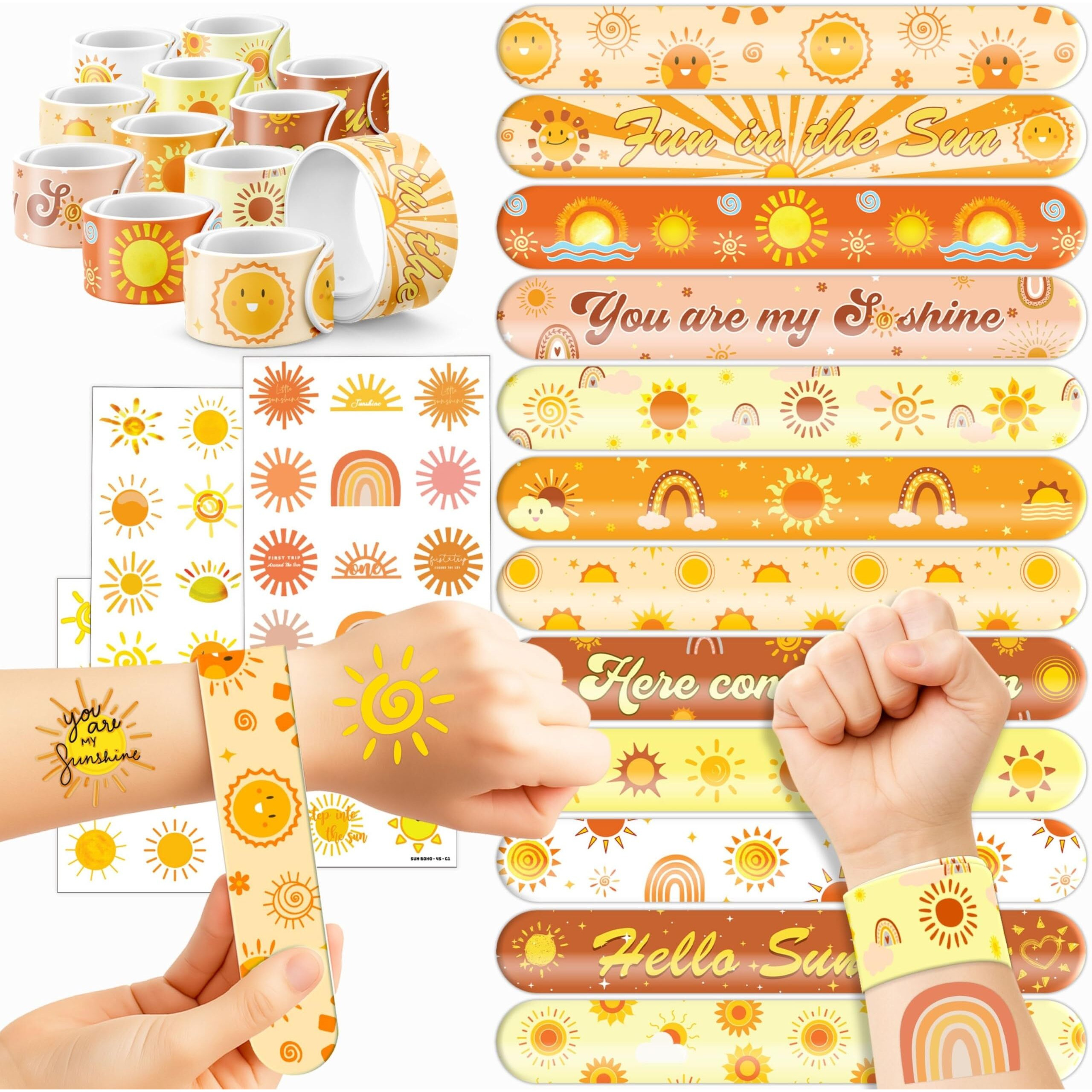 72 Pcs Sun Boho Party Favors - 48 Pcs Temporary Pre-Cut Tattoos & 24 Pcs Slap Bracelets - Cute Sunshine-Themed Gifts For Kids, Girls, And Boys - Perfect For Birthdays, Baby Showers, Classroom Rewards