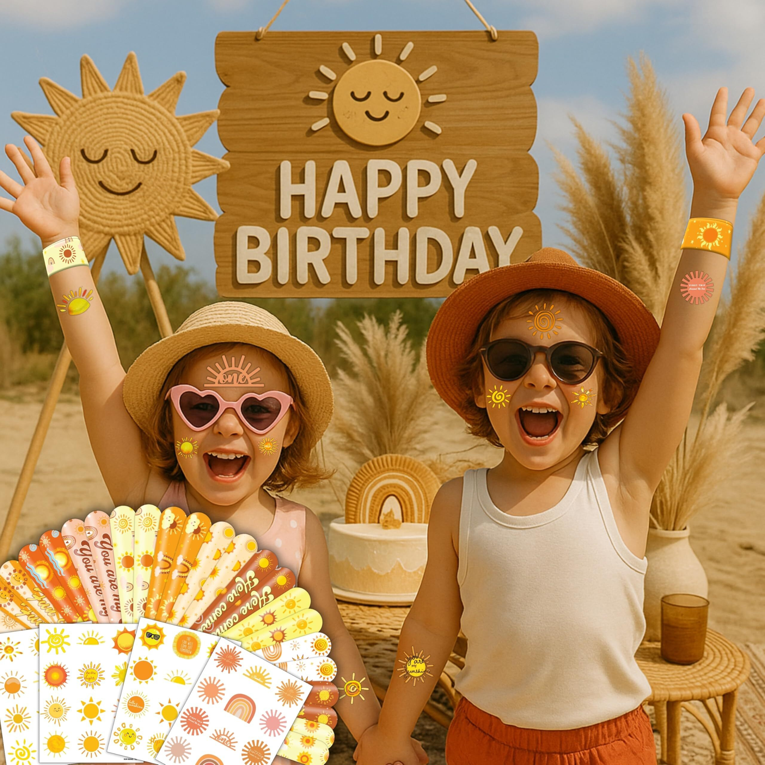 72 Pcs Sun Boho Party Favors - 48 Pcs Temporary Pre-Cut Tattoos & 24 Pcs Slap Bracelets - Cute Sunshine-Themed Gifts For Kids, Girls, And Boys - Perfect For Birthdays, Baby Showers, Classroom Rewards