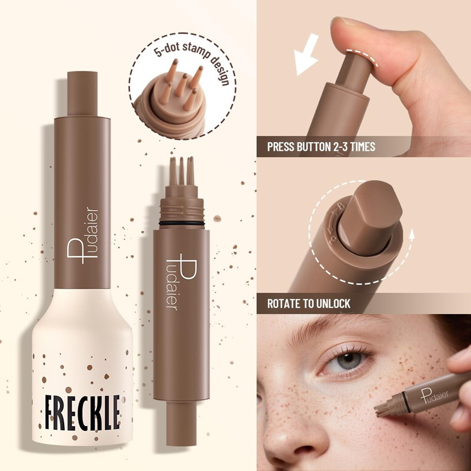 Freckle Stamp,Faux Freckle Stamp,Quick Dry Fake Freckles Pen,Waterproof Long Lasting Natural Vivid Faux Freckles Pen,Get Sun-Kissed Stars Makeup In One Press,5-Dot Design,02.Wasabi Soda.