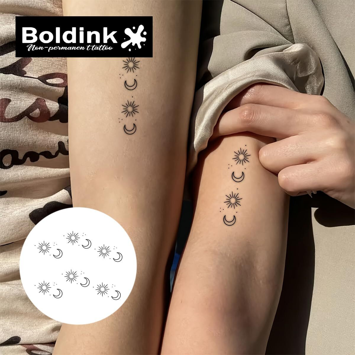 Boldink Semi-Permanent Tattoos, Realistic Fake Tattoos, Last 7-15 Days, Waterproof Non-Reflective Temporary Tattoo Stickers, Cruelty-Free, Uniquely Designed Exquisite Packaging(Sun And Moon 4)