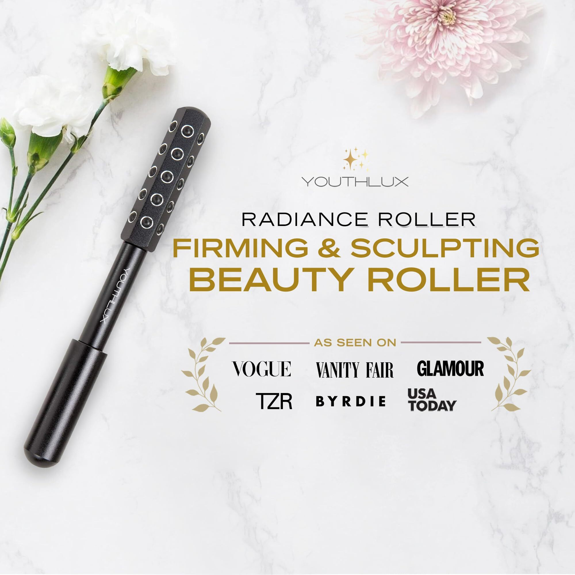 Youthlux Radiance Roller - Germanium Stone Uplifting Face Beauty Massage Tool/Roller/Wand For Skin Tightening, De-Puffing, Sculpt/Lift, Anti-Aging | Uplift Face Roller, Facial Roller (Rose Gold)