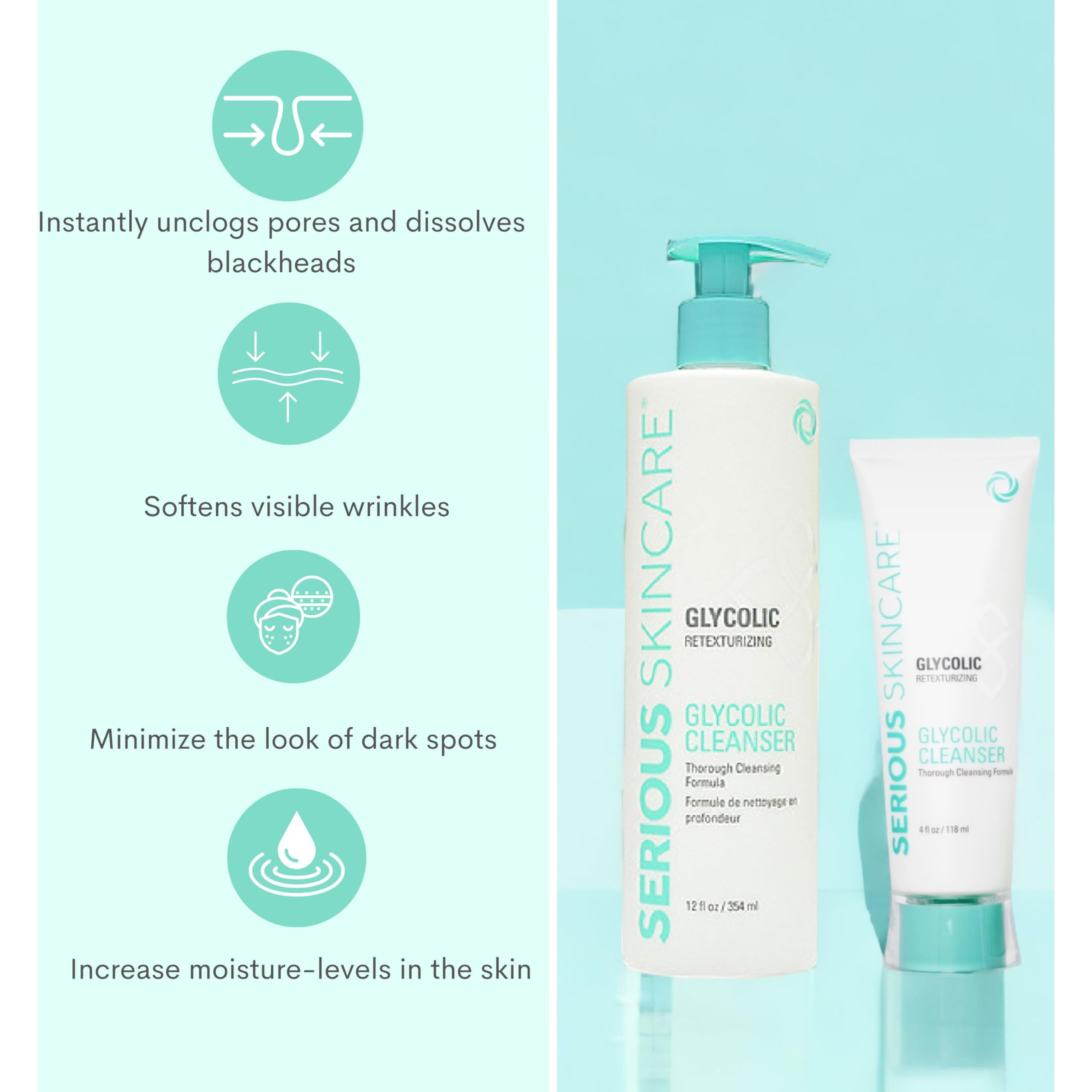 Serious Skincare Glycolic Cleanser - Glycolic Acid Skin Exfoliating Face Wash - 10% Glycolic Acid - Deep Pore Purifying - Removes Makeup, Oil, And Impurities - Shave Prep - Anti-Aging Aha 12 Oz & 4 Oz