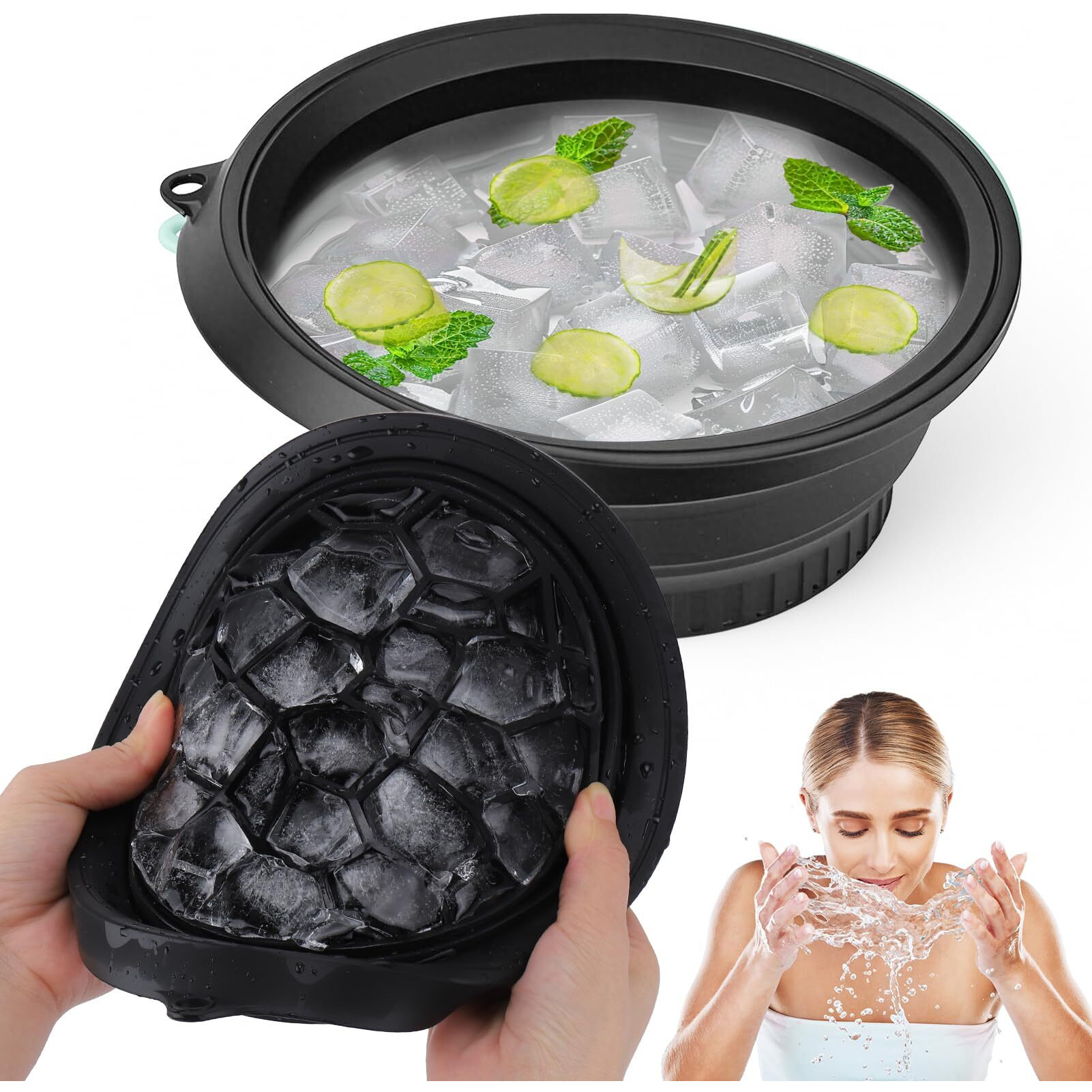 Palksky Face Bowl For Ice With Built-In Icetray, Collapsible Silicone Face Ice Bath Bowl, Facial Plunge Bowl For Skin Tightening, Acne Relief, Black