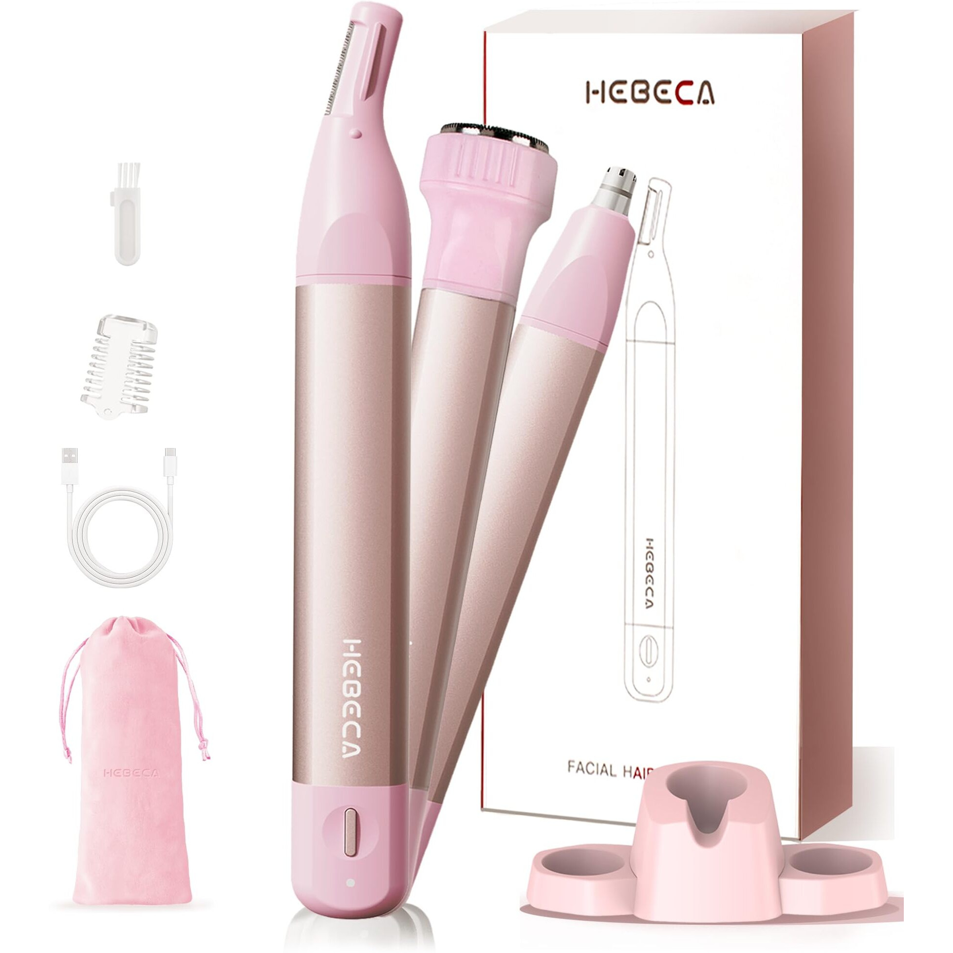 Nose Hair Trimmer For Women 3In1 Facial Hair Removal Trimmers With Storage Base - Waterproof, Portable Usb Rechargeable With Travel Bag- Trims Nose, Ear, Eyebrow, Peach-Fuzz, Lips, Chin Face Hair
