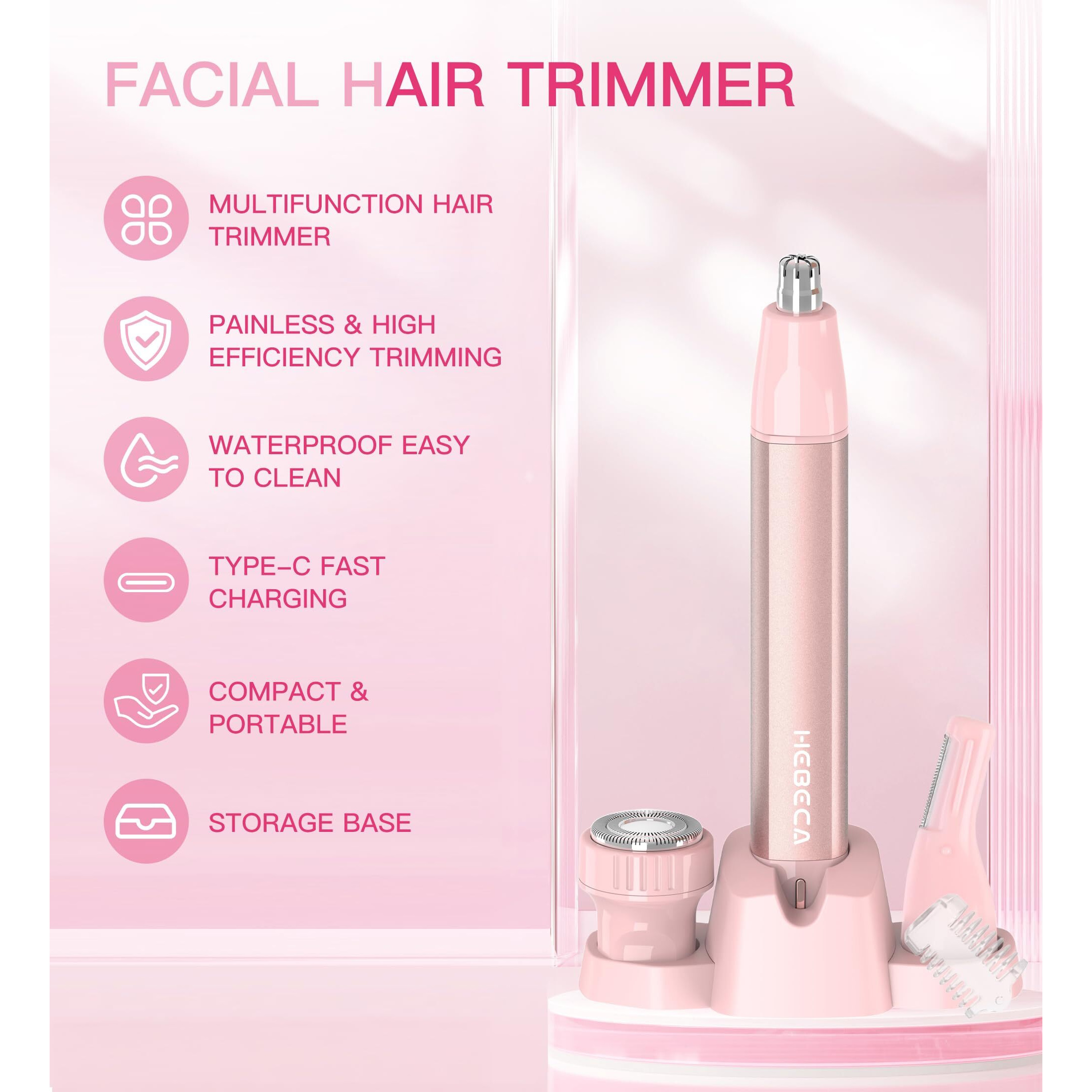 Nose Hair Trimmer For Women 3In1 Facial Hair Removal Trimmers With Storage Base - Waterproof, Portable Usb Rechargeable With Travel Bag- Trims Nose, Ear, Eyebrow, Peach-Fuzz, Lips, Chin Face Hair