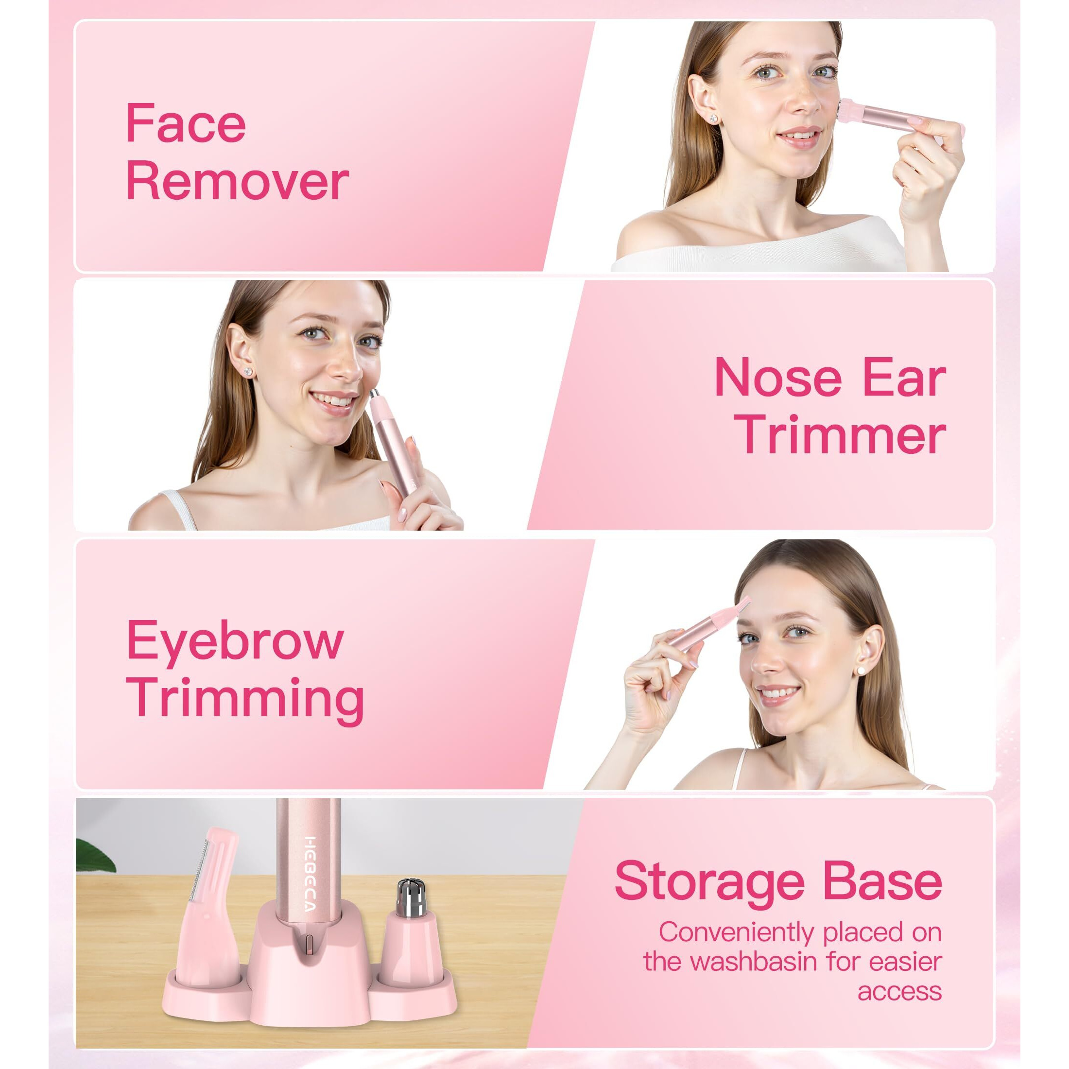 Nose Hair Trimmer For Women 3In1 Facial Hair Removal Trimmers With Storage Base - Waterproof, Portable Usb Rechargeable With Travel Bag- Trims Nose, Ear, Eyebrow, Peach-Fuzz, Lips, Chin Face Hair