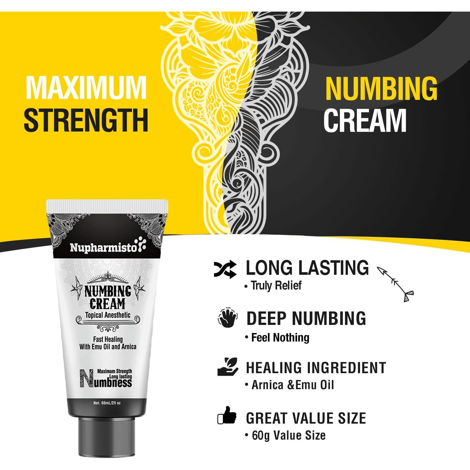Nupharmisto Numbing Cream Maximum Strength  Long Lasting Numbing Cream With 5X Numbing - Emu Oil And Arnica (60Ml)