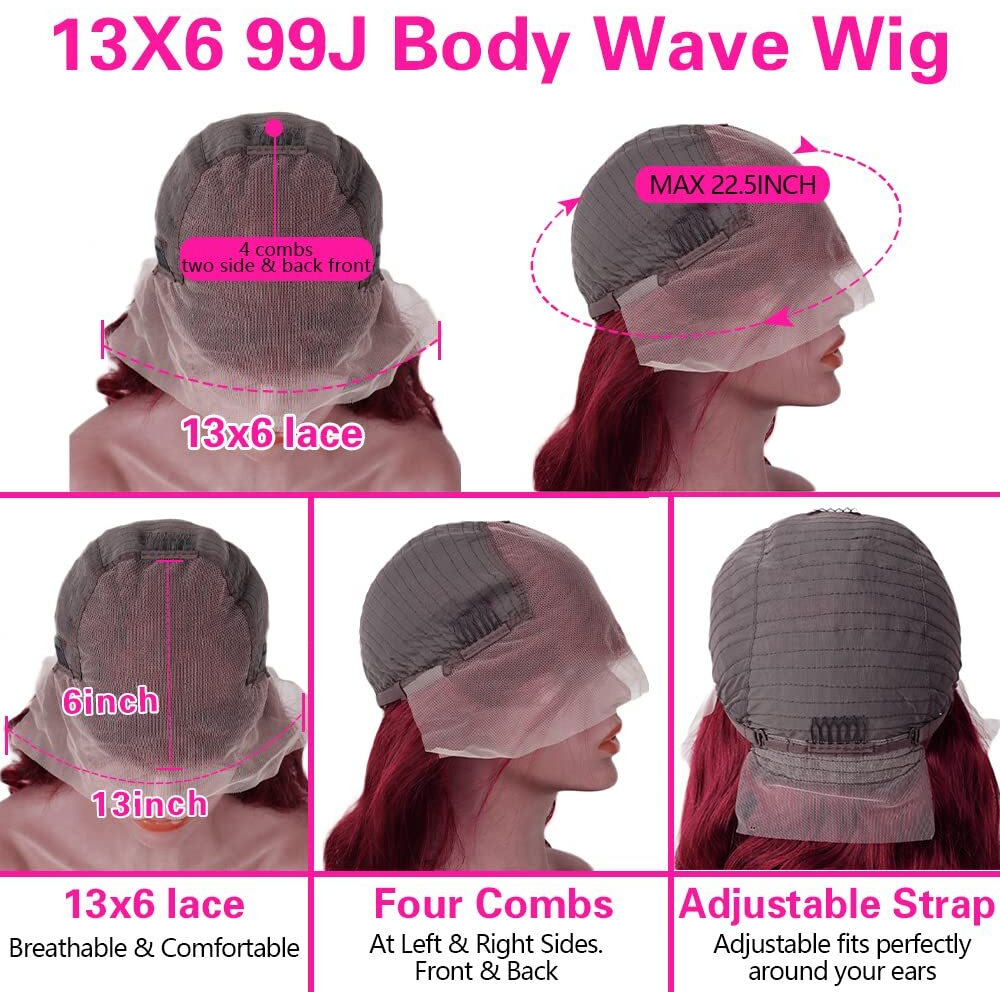 Sterly 26 Inch Burgundy Lace Front Wigs Human Hair 250% Density 13X6 Body Wave Lace Frontal Wigs Human Hair Pre Plucked Glueless Red Wig