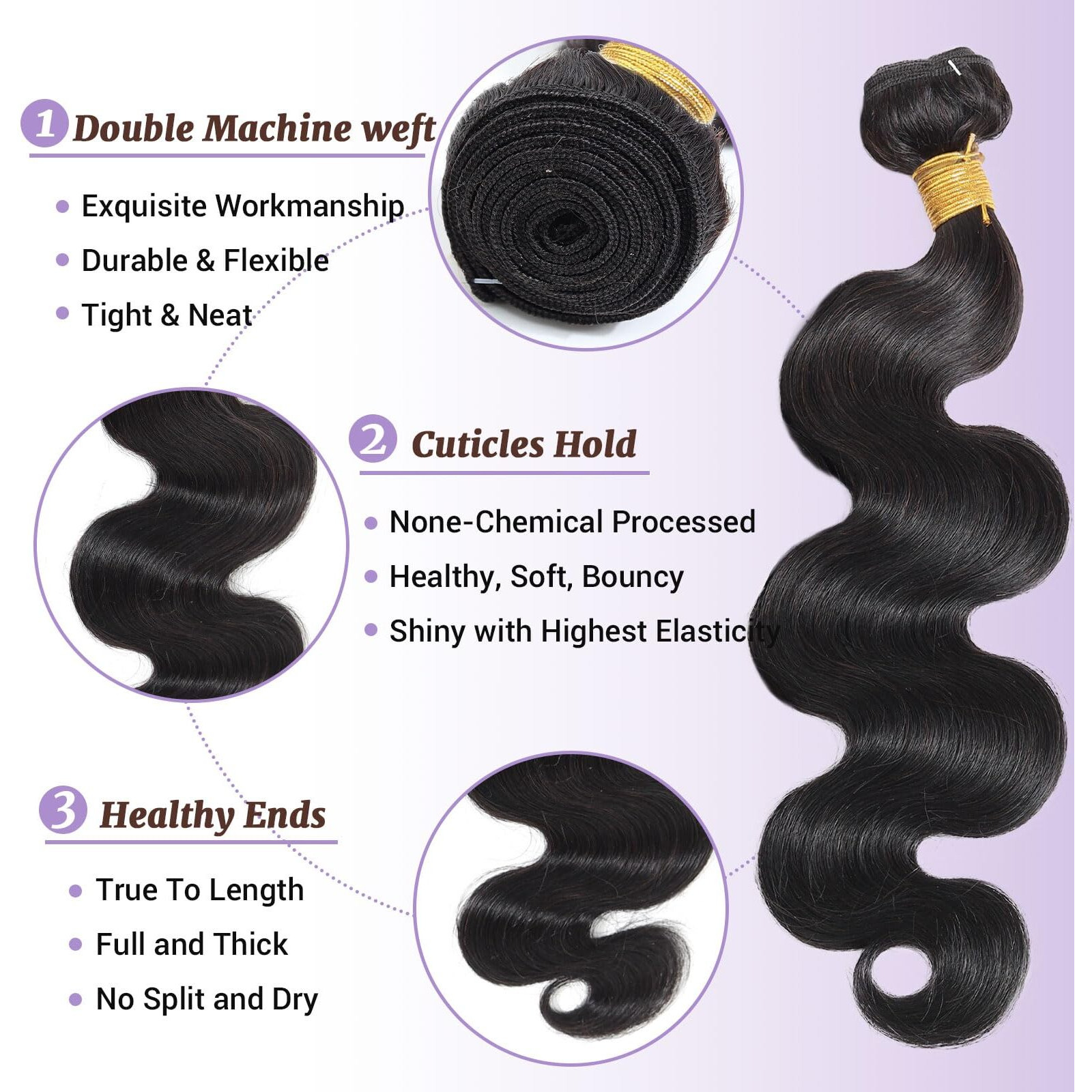 Dsekcain Body Wave Human Hair Bundles 22 24 26 Inch Only 100% Real Human Hair Body Wave Bundle Natural Black Color 1B Double Machine Weft For Quick Weave