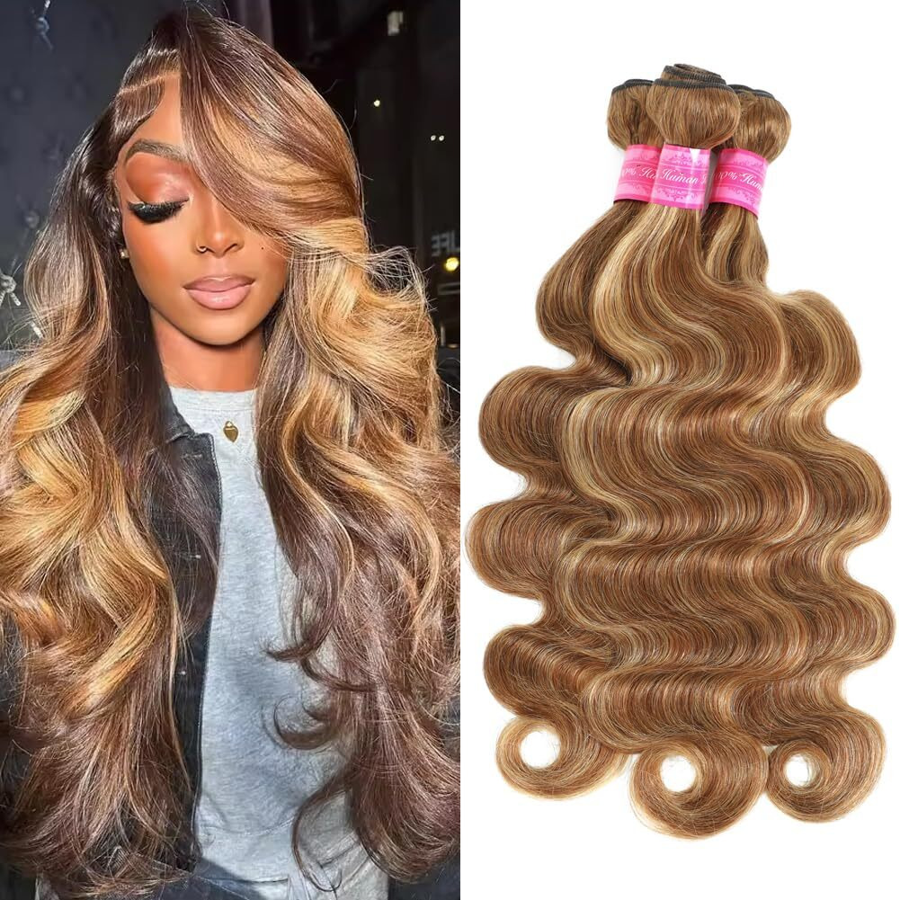Highlight Ombre Body Wave Bundles Human Hair(24 26 28 Inch) 12A Brazilian Virgin Remy Hair Wet Weave Bundles 4/27 Colored Honey Blonde Brown 100% Unprocessed Human Hair No Tangle