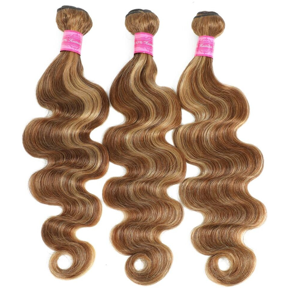 Highlight Ombre Body Wave Bundles Human Hair(24 26 28 Inch) 12A Brazilian Virgin Remy Hair Wet Weave Bundles 4/27 Colored Honey Blonde Brown 100% Unprocessed Human Hair No Tangle
