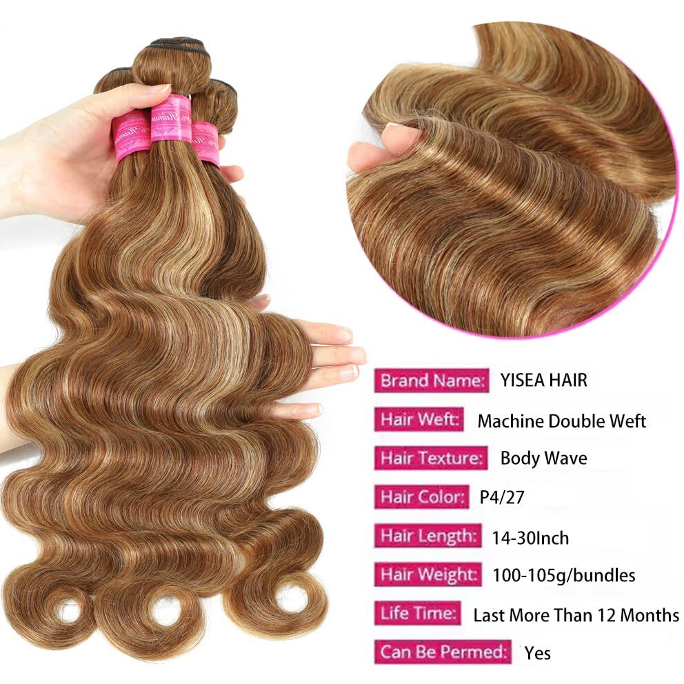 Highlight Ombre Body Wave Bundles Human Hair(24 26 28 Inch) 12A Brazilian Virgin Remy Hair Wet Weave Bundles 4/27 Colored Honey Blonde Brown 100% Unprocessed Human Hair No Tangle