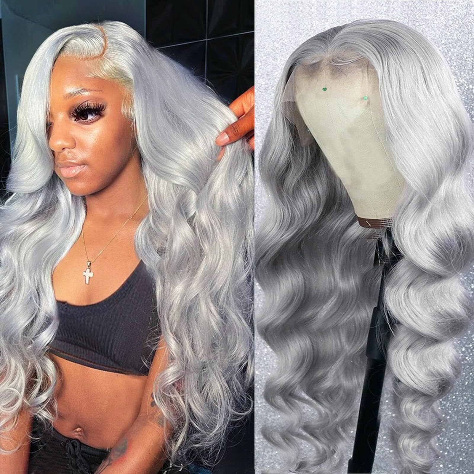 Grey Lace Front Wigs Human Hair Body Wave Silver Gray Wig Human Hair 13X6 Frontal Hd Lace Wigs Pre Plucked With Baby Hair 180% Density Silver Grey Body Wave Glueless Wig 26 Inch Free Part