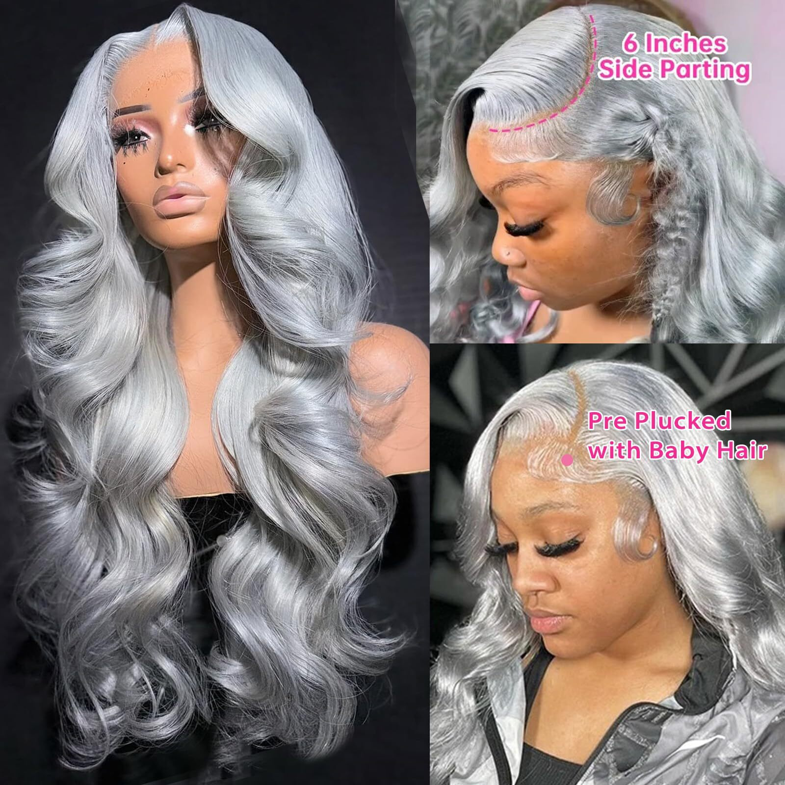Grey Lace Front Wigs Human Hair Body Wave Silver Gray Wig Human Hair 13X6 Frontal Hd Lace Wigs Pre Plucked With Baby Hair 180% Density Silver Grey Body Wave Glueless Wig 26 Inch Free Part