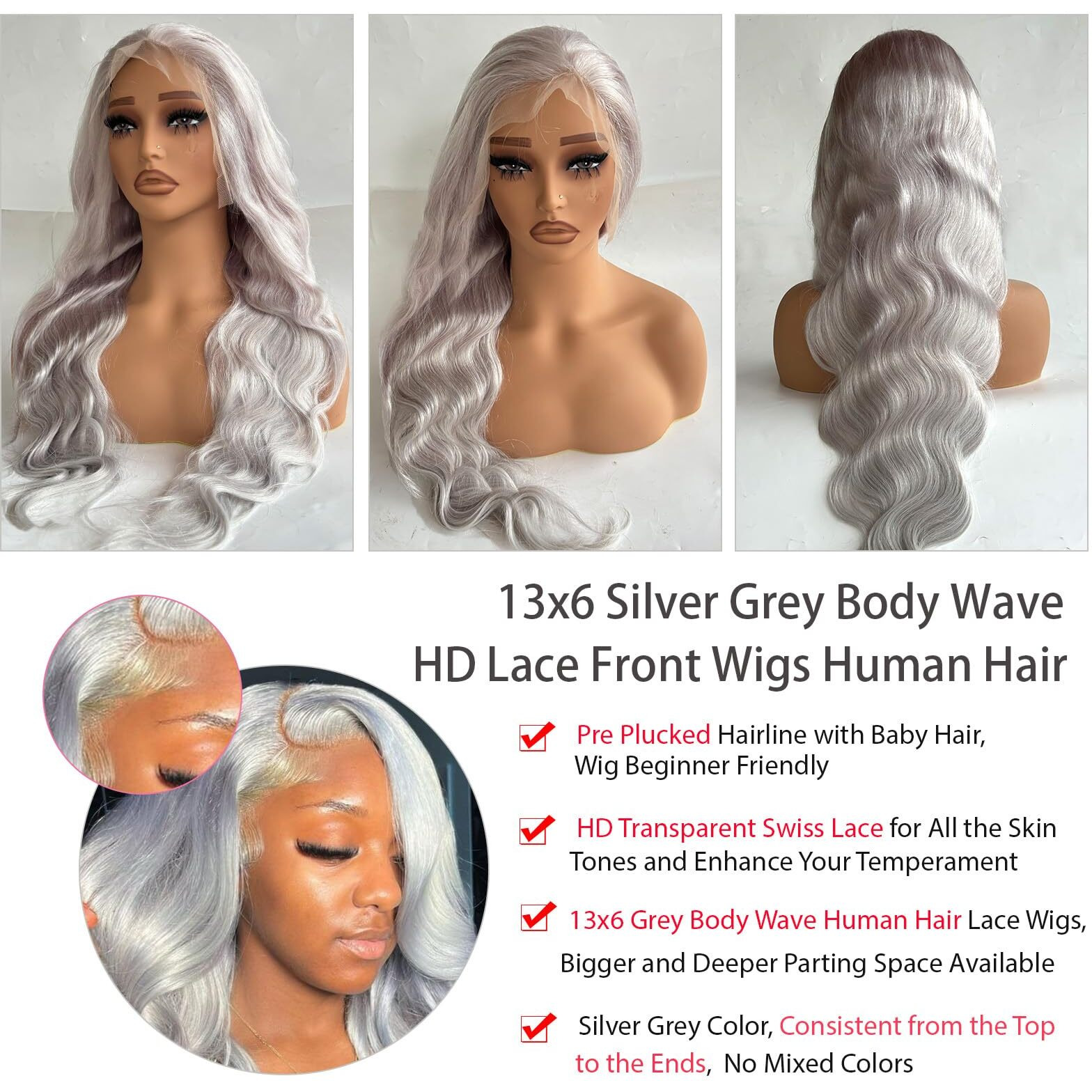 Grey Lace Front Wigs Human Hair Body Wave Silver Gray Wig Human Hair 13X6 Frontal Hd Lace Wigs Pre Plucked With Baby Hair 180% Density Silver Grey Body Wave Glueless Wig 26 Inch Free Part