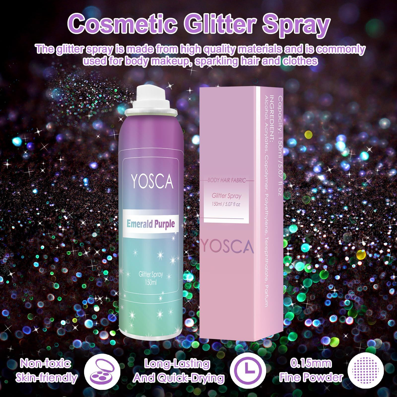 Yosca Body Glitter Spray, 150Ml Shimmer Glitter Hairspray, Glitter Spray For Hair Body Clothes, Quick-Drying And Long-Lasting Shiny Glitter Spray For Festival Music Concert Party Rave Accessories