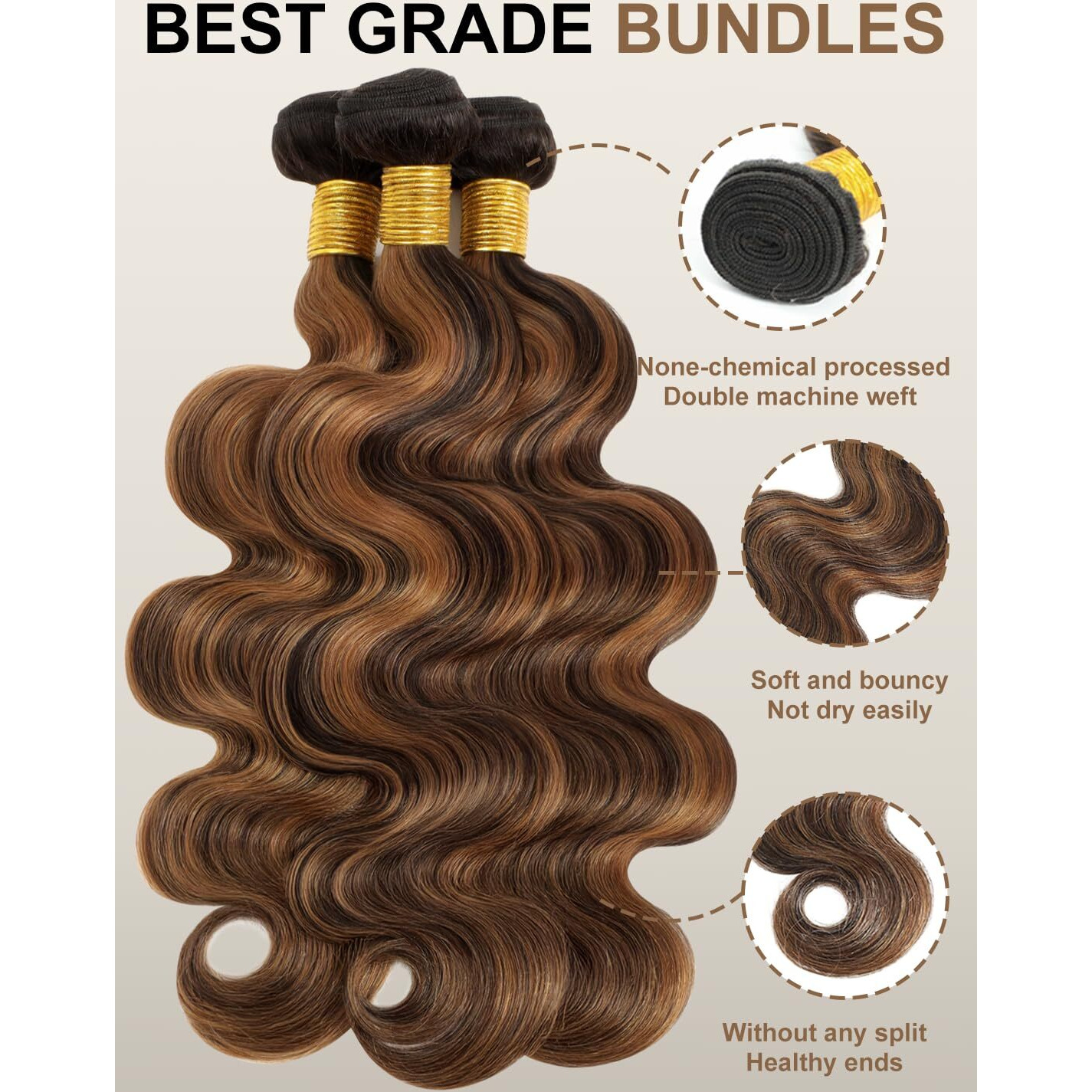 Anmetan F1B/30 Ombre Bundles With Frontal 13X6 Human Hair Body Wave, Hd Transparent Ear To Ear Lace Honey Blonde Highlight 12A Wavy Weave Remy Hair 3 Bundles And 13X6 Frontal Closure (12 14 16+12 In)