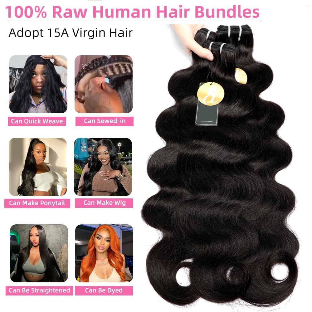 Perismoda 15A Raw Bundles Human Hair Body Wave 100% Unprocessed Brazilian Virgin Human Hair Extensions 22 Inch Raw Wavy Hair Bundles Quick Weave Hair Extension Natural Black
