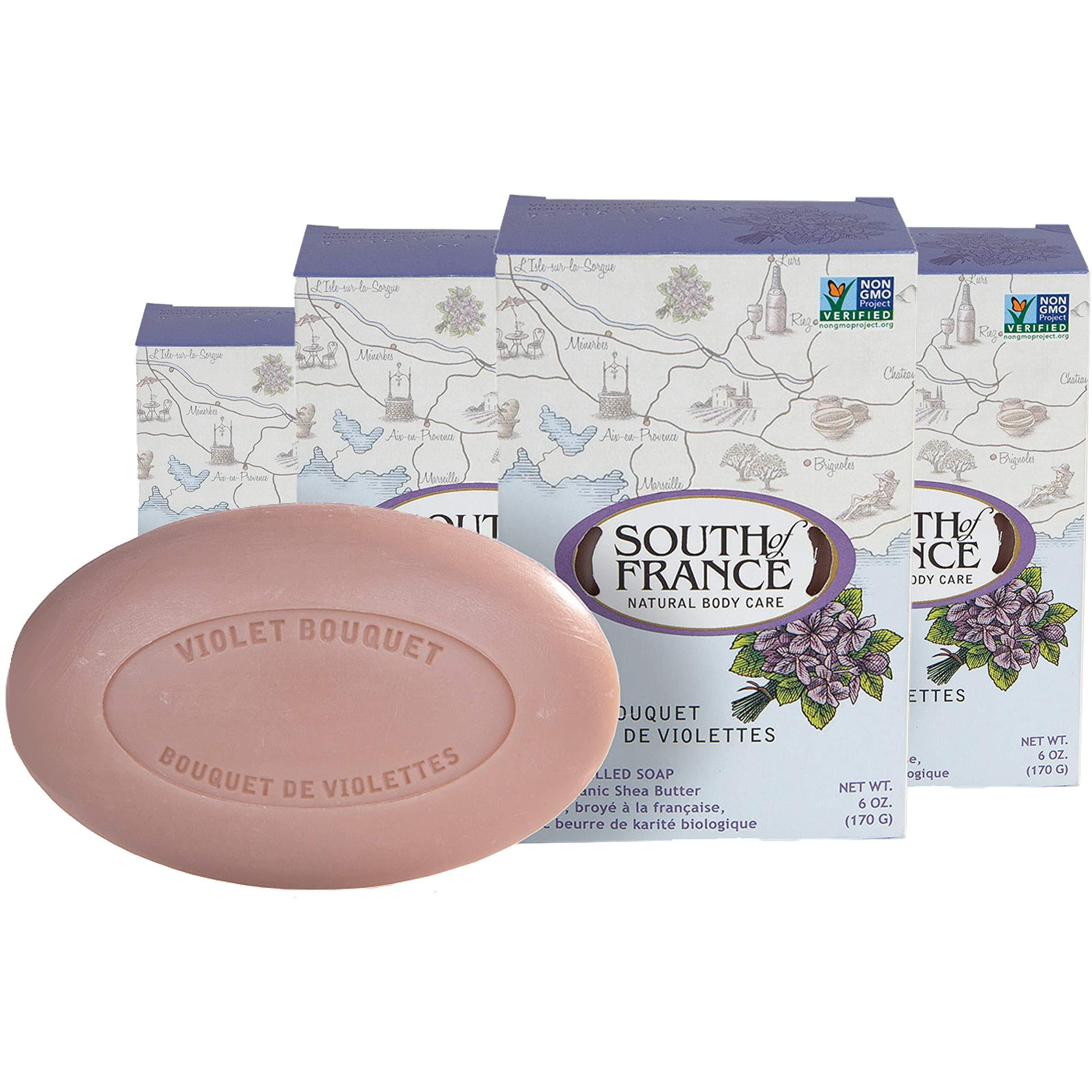 Violet Bouquet Clean Bar Soap By South Of France Clean Body Care Triple-Milled French Soap With Organic Shea Butter + Essential Oils Vegan, Non-Gmo Body Soap 6 Oz Bar 4 Pack