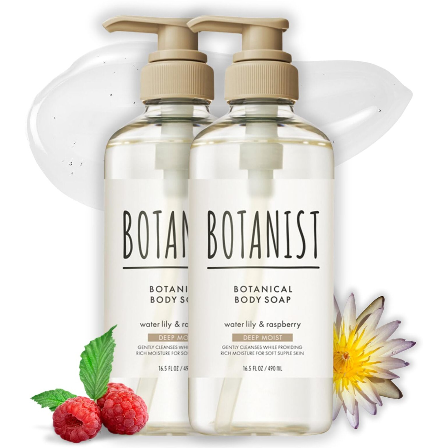 Botanist Moisturizing Body Wash For Dry & Sensitive Skin Women & Men, Organic Body Soap Gel With Shea Butter, Coconut Oil & Aloe From Japan, Paraben& Sulfate Free Water Lily& Raspberry 16.5 Fl Oz 2Ea