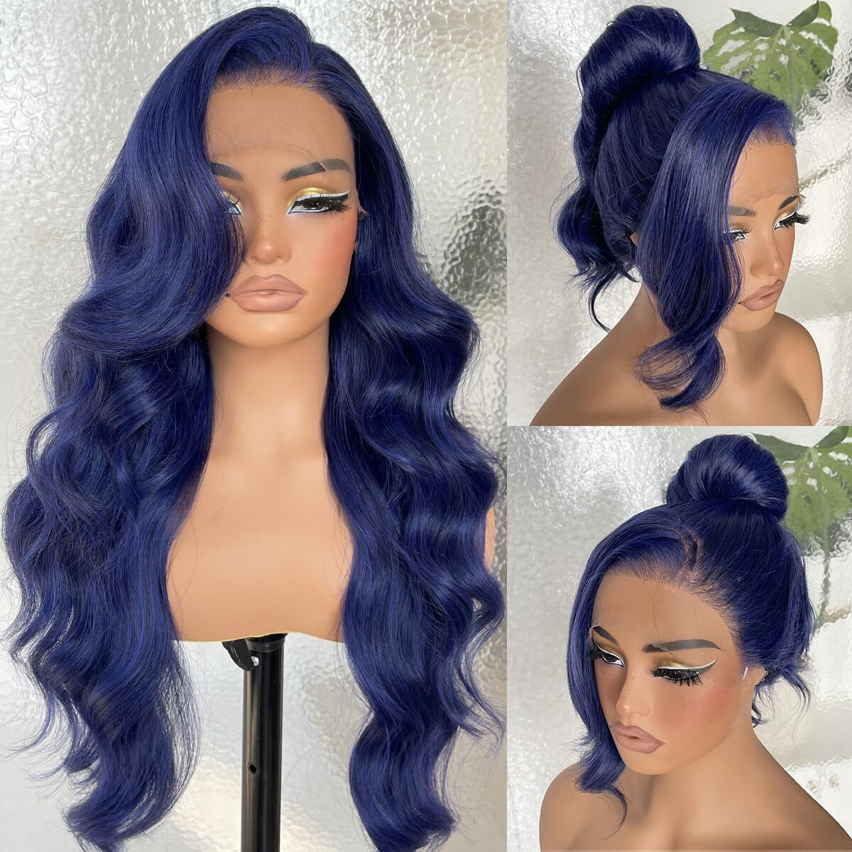 Blackswern 13X6 Hd Glueless Lace Frontal Wigs Pre-Plucked, 200 Density Dark Blue Similar Human Hair Synthetic Long Body Wave Lace Front Wig Ready To Wear, 26Inch Dark Blue