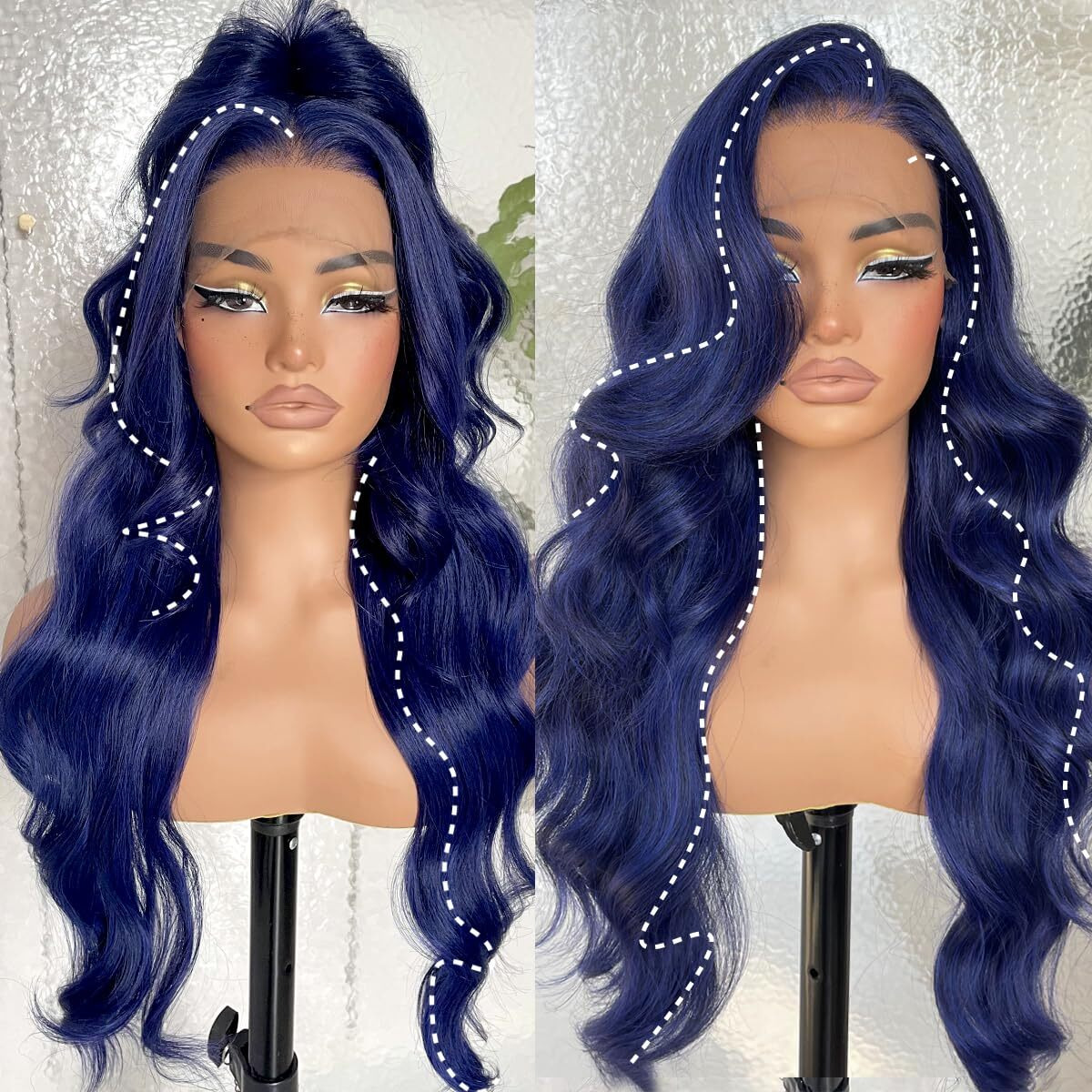 Blackswern 13X6 Hd Glueless Lace Frontal Wigs Pre-Plucked, 200 Density Dark Blue Similar Human Hair Synthetic Long Body Wave Lace Front Wig Ready To Wear, 26Inch Dark Blue