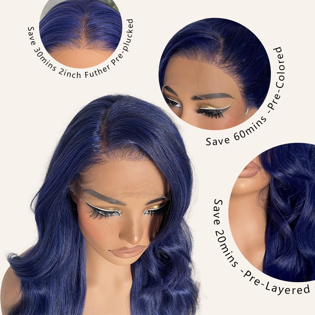 Blackswern 13X6 Hd Glueless Lace Frontal Wigs Pre-Plucked, 200 Density Dark Blue Similar Human Hair Synthetic Long Body Wave Lace Front Wig Ready To Wear, 26Inch Dark Blue