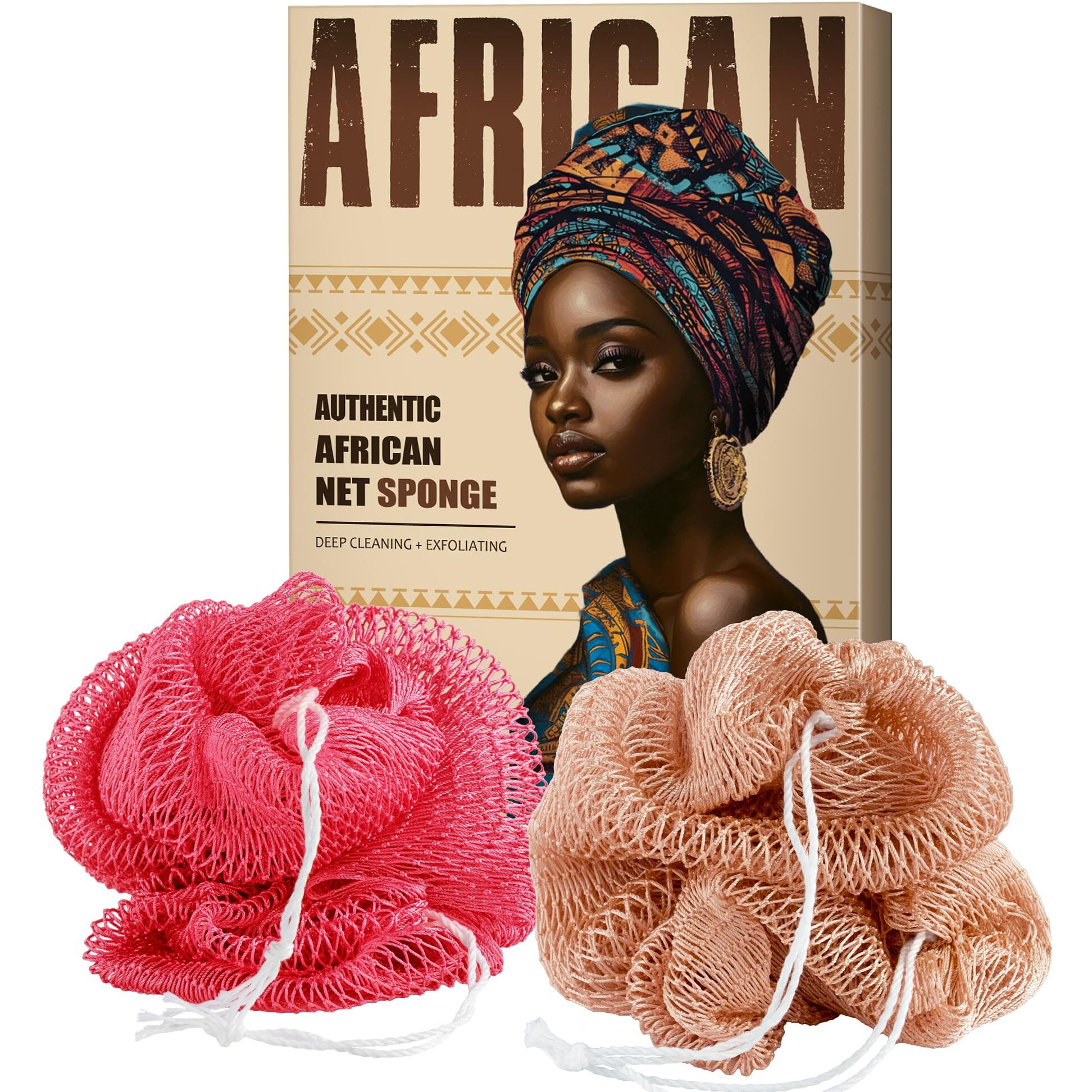 African Net Sponge Authentic - Afro Scrub Exfoliating Net Sponge With Knots - 2 Pieces African Bath Sponges For Body Scrubber Exfoliator - Back Washer For Shower Accessories