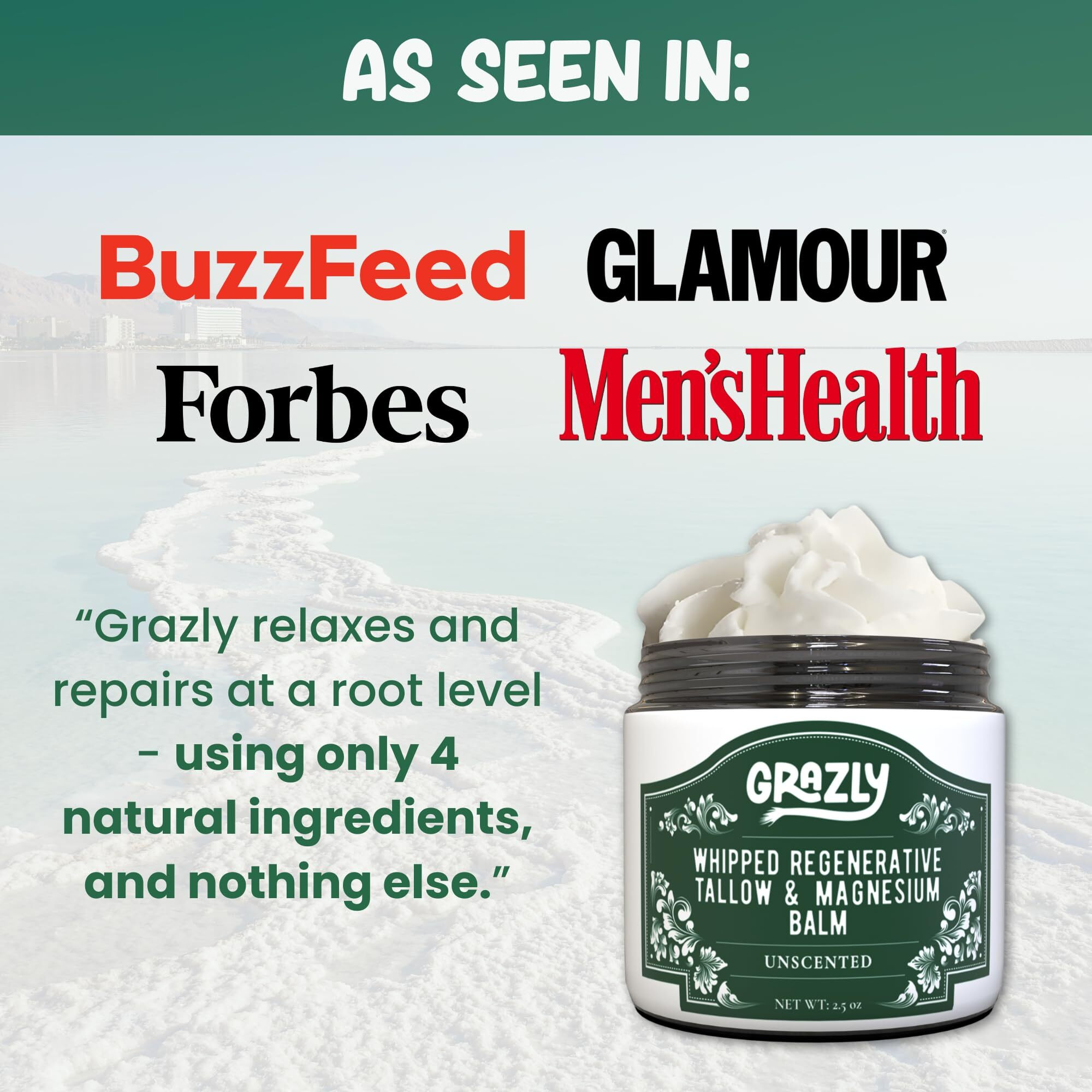 Grazly Whipped Beef Tallow For Skin W/Dead Sea Magnesium, Manuka Honey & Jojoba Oil - Grass Fed Beef Tallow Balm - Body & Face Moisturizer For Dry, Sensitive Skin - Unscented - 2.5Oz