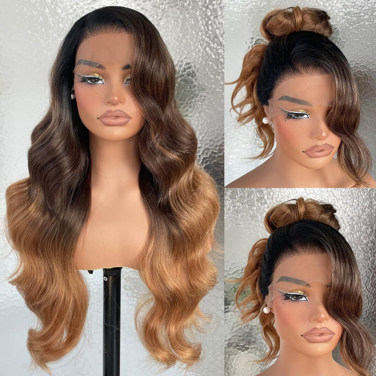 13X6 Hd Glueless Lace Frontal Wigs Pre-Plucked, 200 Density Ombre Honey Blonde Similar Human Hair Synthetic Long Body Wave Lace Front Wig Ready To Wear, 26Inch 1B/30/27 Ombre Honey Blonde