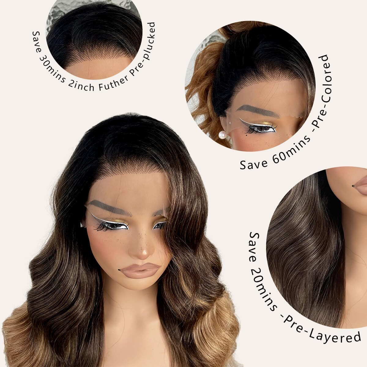 13X6 Hd Glueless Lace Frontal Wigs Pre-Plucked, 200 Density Ombre Honey Blonde Similar Human Hair Synthetic Long Body Wave Lace Front Wig Ready To Wear, 26Inch 1B/30/27 Ombre Honey Blonde