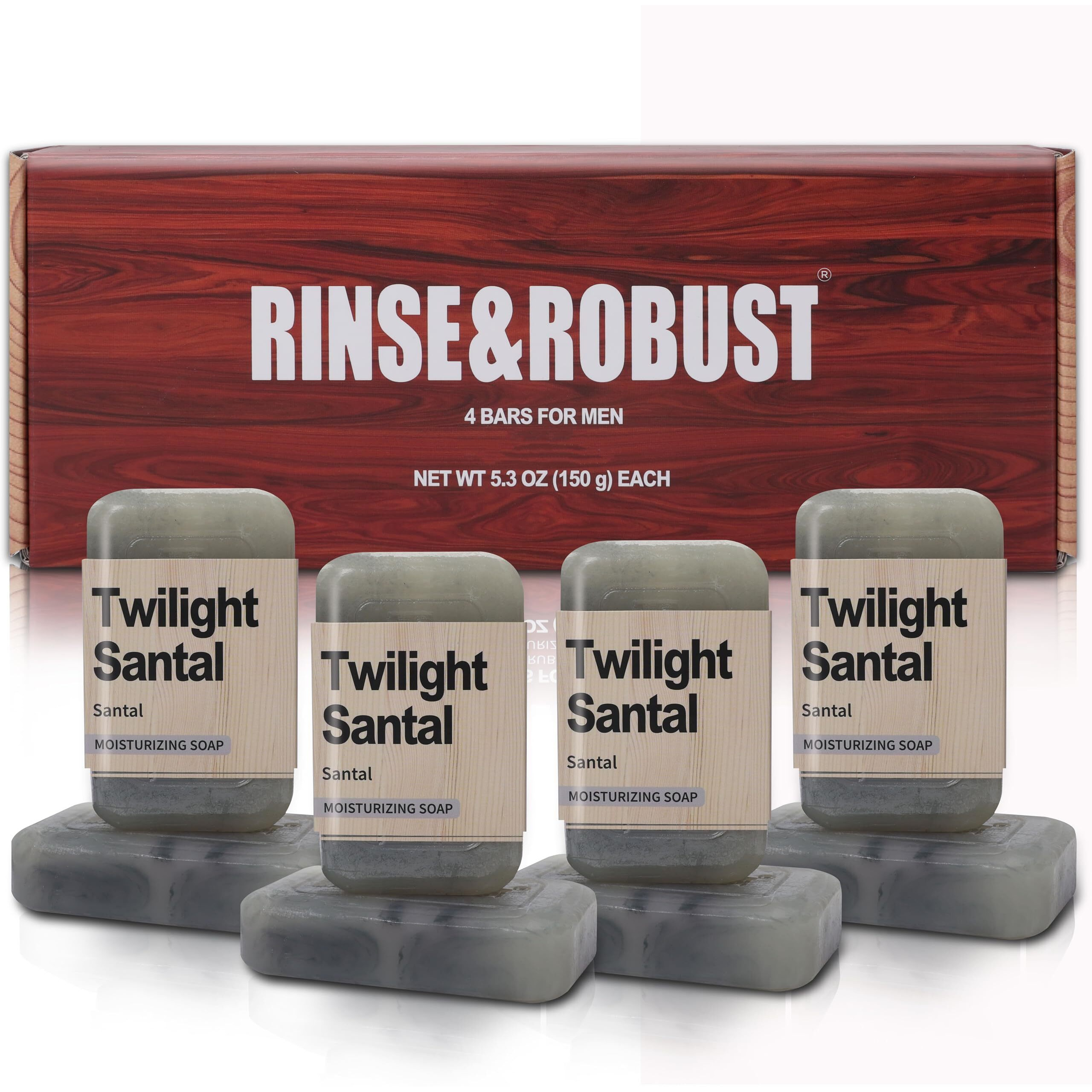 Rinse & Robust Men's 4-In-1 Exfoliating Bar Soap Gift Set - Moisturizing, Acne Relief For Face, Body & Shaving | Natural 4-Pack (5.3 Oz Bars), Santal Scent