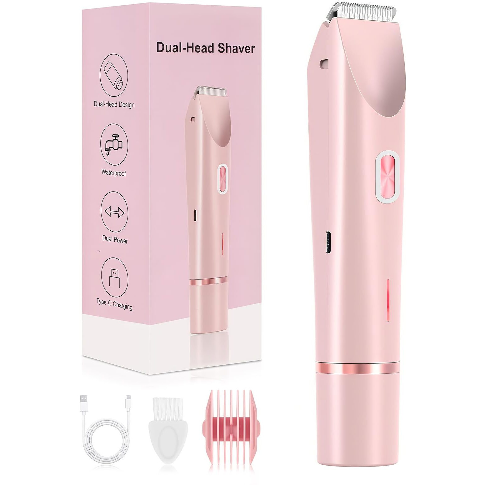 Dermave Bikini Shaver 2.0, Dual Head Electric Bikini Trimmer For Women, 2 In 1 Wet And Dry Waterproof Glow Aura Womens Shaver For Face, Legs, Underarm (Pink)