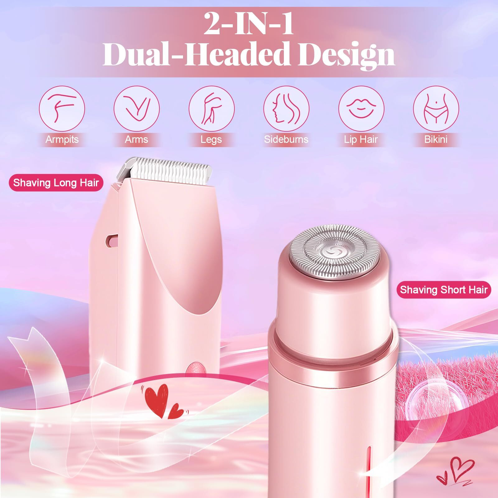 Dermave Bikini Shaver 2.0, Dual Head Electric Bikini Trimmer For Women, 2 In 1 Wet And Dry Waterproof Glow Aura Womens Shaver For Face, Legs, Underarm (Pink)