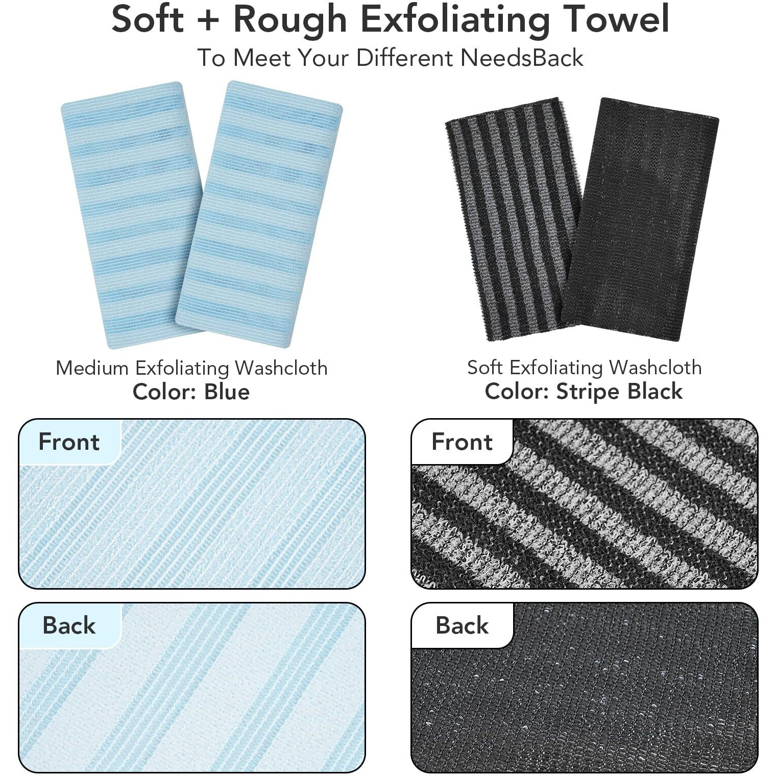Coxotom Exfoliating Washcloth Shower Towel - 2 Pack Back And Body Scrubbers For Smooth Skin | Quick-Drying, Durable, And Gentle For Sensitive Skin (Black+Blue)