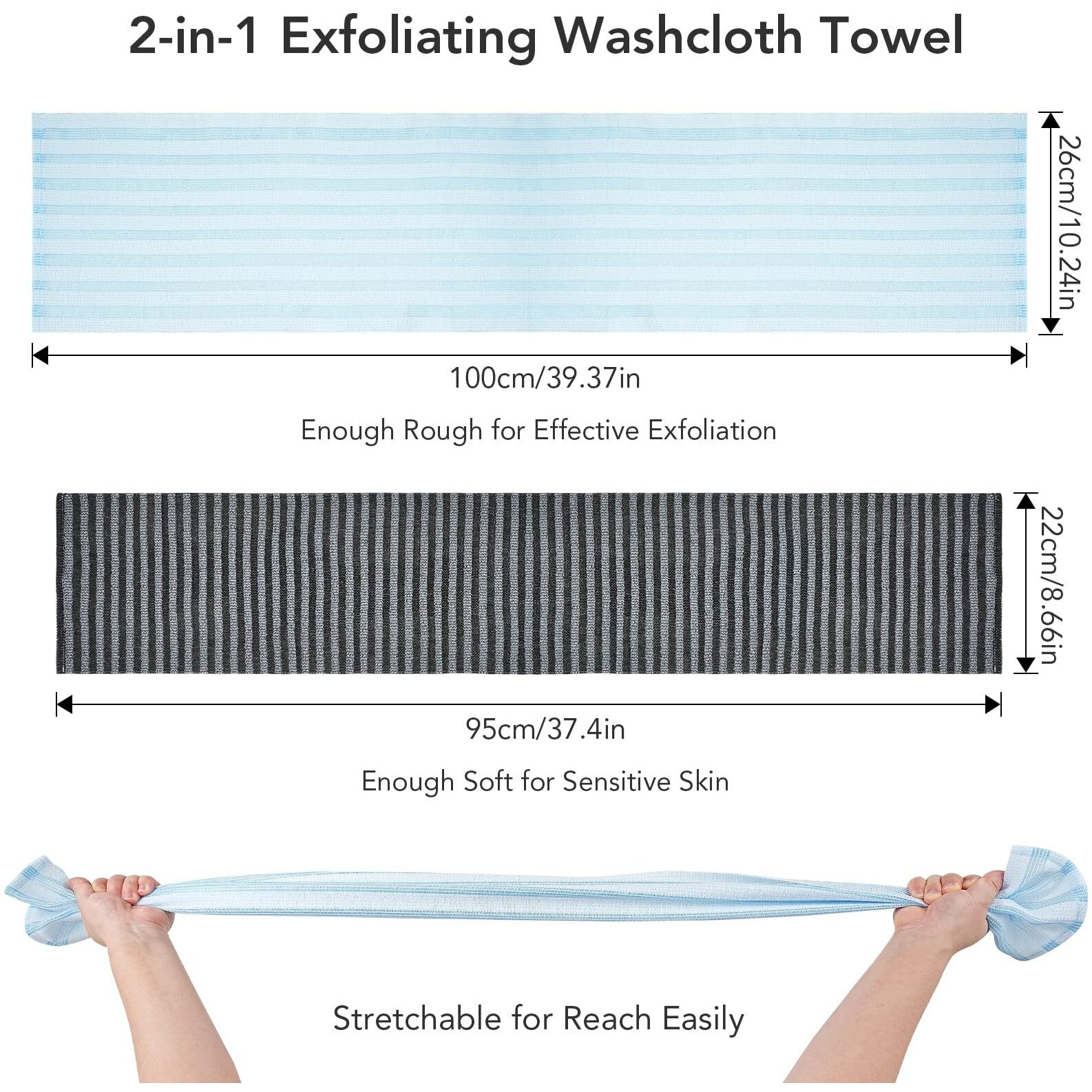 Coxotom Exfoliating Washcloth Shower Towel - 2 Pack Back And Body Scrubbers For Smooth Skin | Quick-Drying, Durable, And Gentle For Sensitive Skin (Black+Blue)