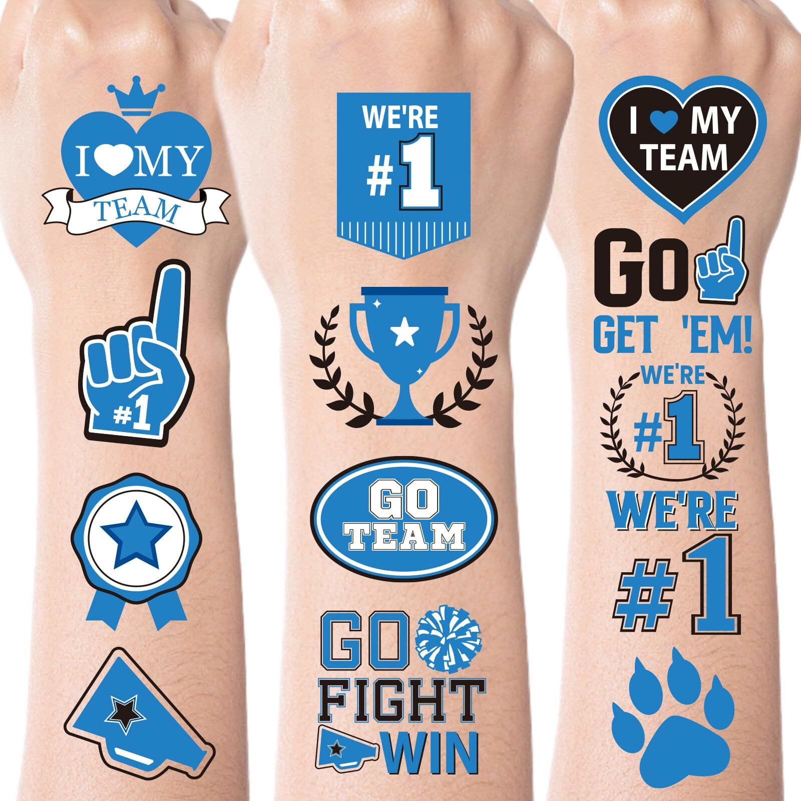 Blue Team Spirit Temporary Tattoos, 180 Pcs Glitter Blue Team Spirit Accessories, Football Sports Teams Face Body Tattoo Stickers For Cheerleading Teams Sports Games Supplies Classroom Prizes