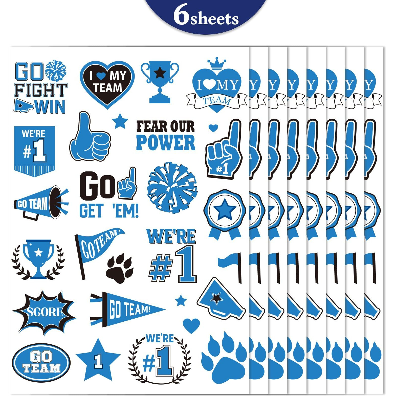 Blue Team Spirit Temporary Tattoos, 180 Pcs Glitter Blue Team Spirit Accessories, Football Sports Teams Face Body Tattoo Stickers For Cheerleading Teams Sports Games Supplies Classroom Prizes