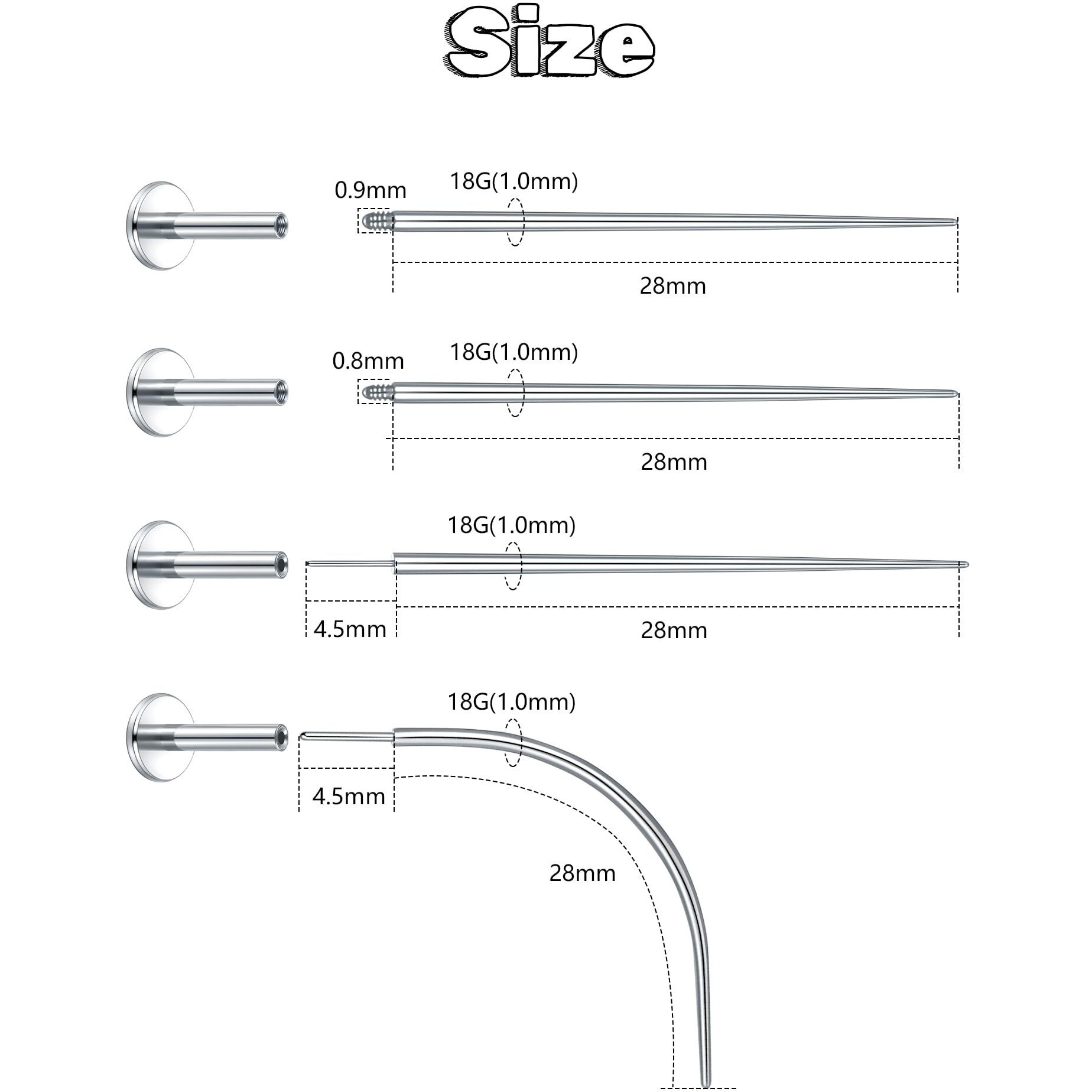 Xpircn Piercing Taper Kit 18G Mixd Threadless Piercing Taper Insertion Pin Stainless Steel Straight Curved Body Piercing Stretching Kit For Ear/Nose/Navel/Lip/Eyebrow Piercings