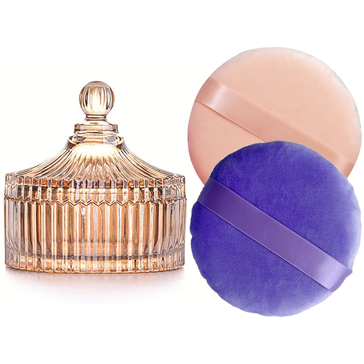 2 Pack Extra Large 5.2"" Beige & Purple Powder Puffs And 5.3"" Glass Container - Oversized Soft Body & Face Large Powder Puff Dusting Powder Jar Holder Case(Amber Glass)