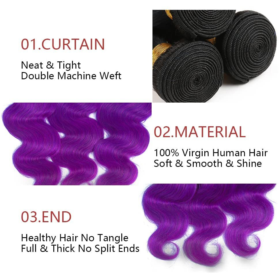 Peenoll 24 26 28 Inch Body Wave Human Hair Bundles Omber Honey Purple Weave Bundles Human Hair 12A Unprocessed Brazilian Virgin Quick Weave Hair Extension For Black Women