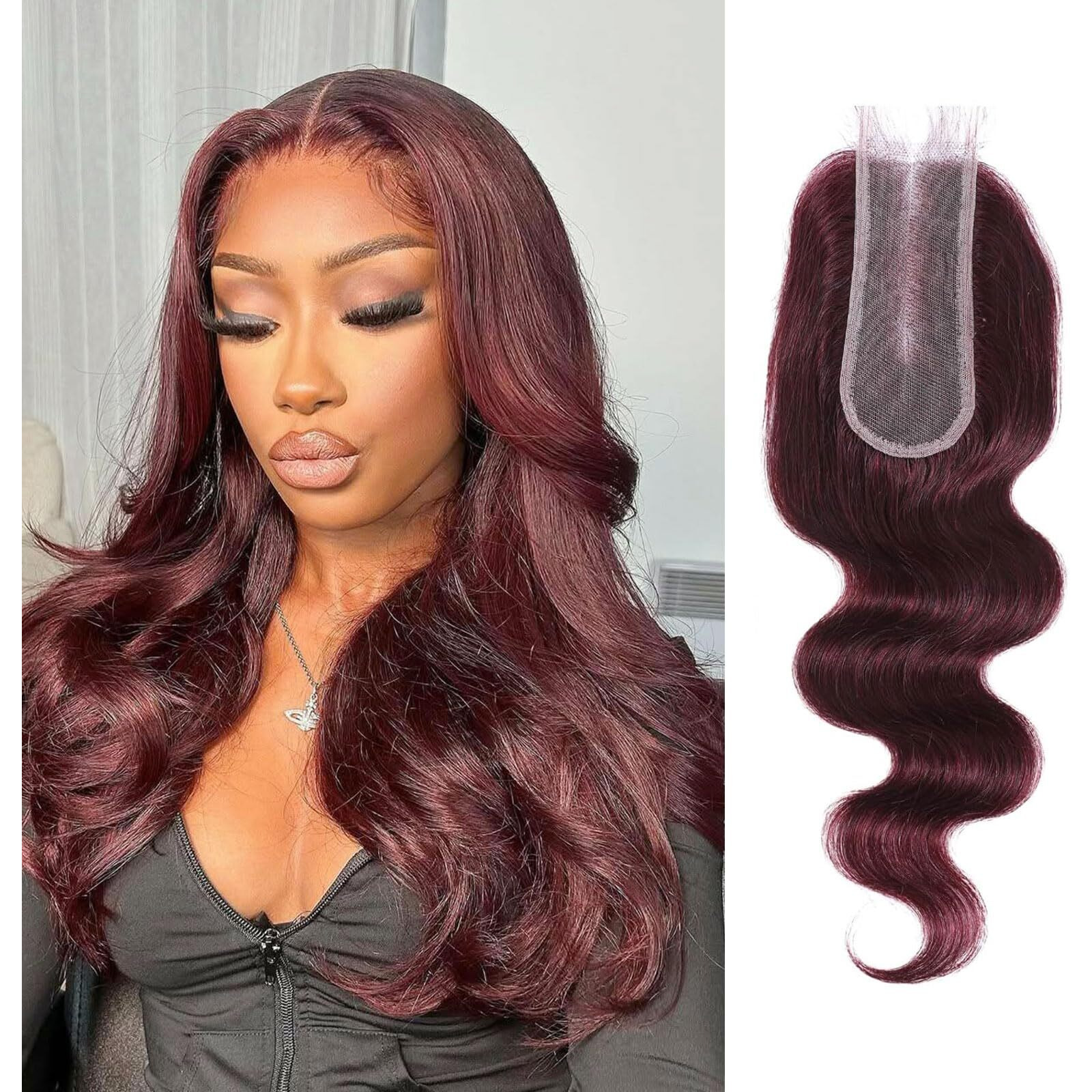 Dsekcain 2X6 Hd Lace Closure Human Hair Body Wave 99J Burgundy Dark Red Wine Color Transparent Lace Closure 2X6 Long Deep Middle Part 100% Raw Virgin Human Hair 16 Inch 150% Density