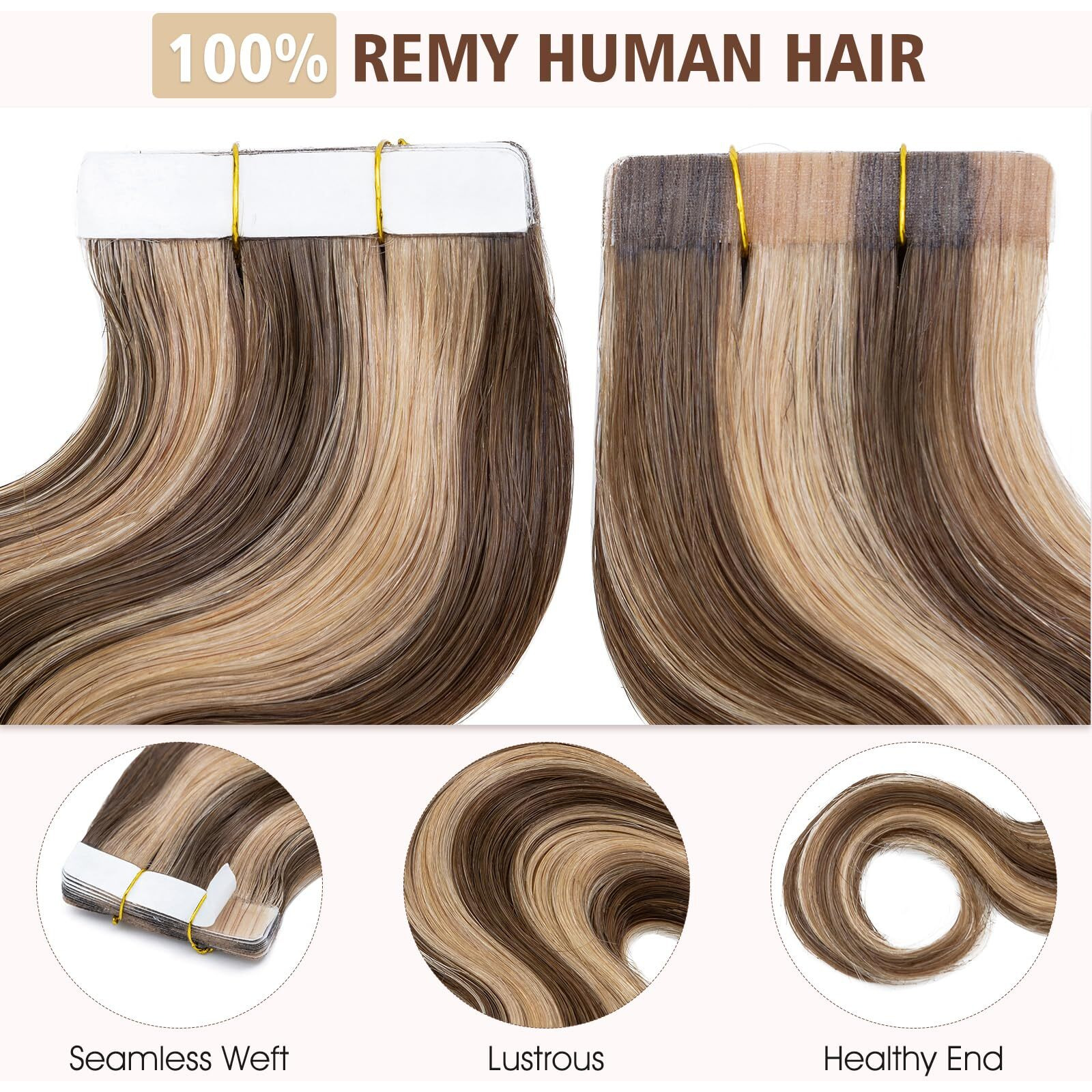 Hairro Tape In Human Hair Extensions Real Hair 20 Inch 100G 40Pcs/Pack Thin Seamless Skin Weft Glue In Body Wave Hairpieces Balayage Highlight Mocha Brown Mix Medium Blonde