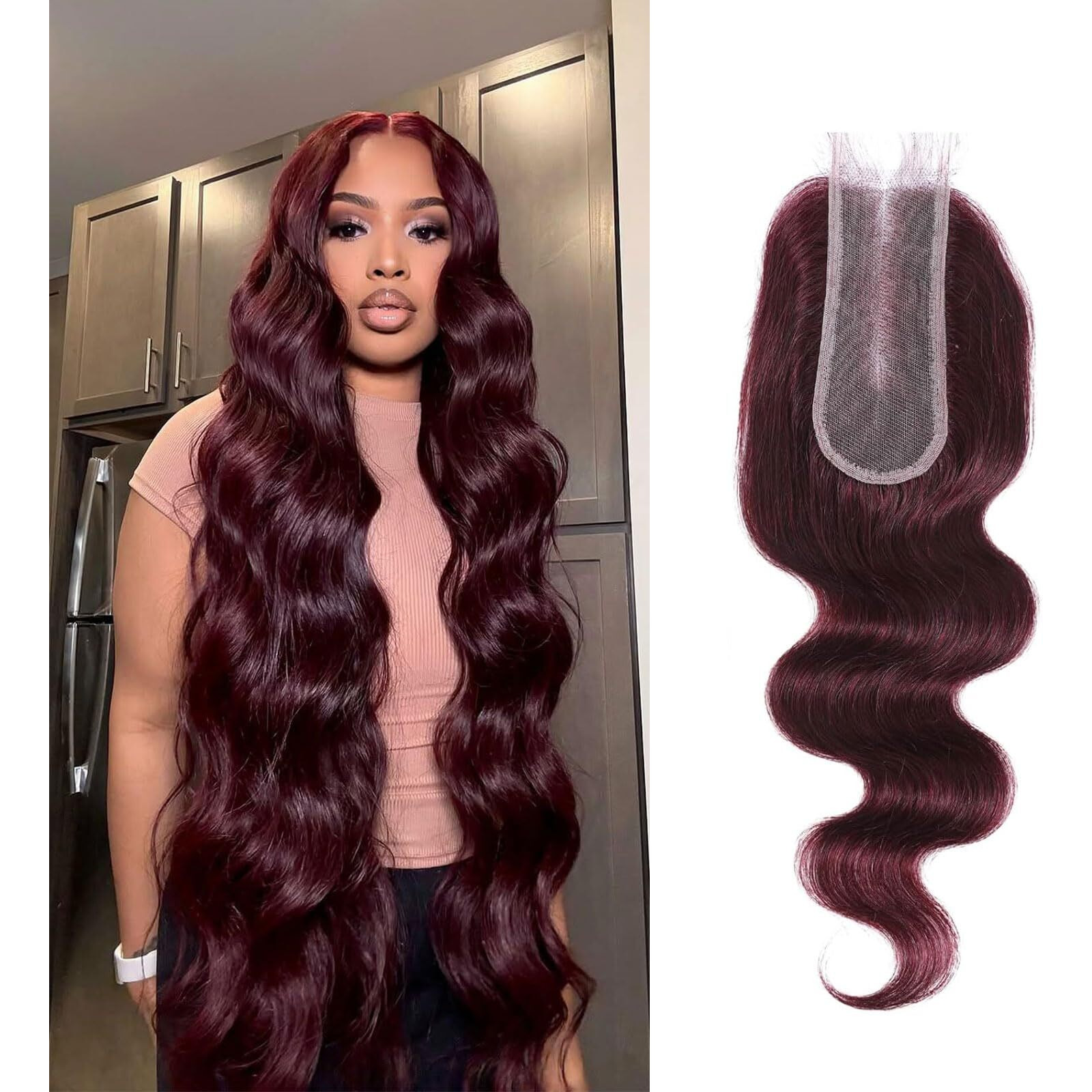 Dsekcain 2X6 Hd Lace Closure Human Hair Body Wave 99J Burgundy Dark Red Wine Color Transparent Lace Closure 2X6 Long Deep Middle Part 100% Raw Virgin Human Hair 14 Inch 150% Density