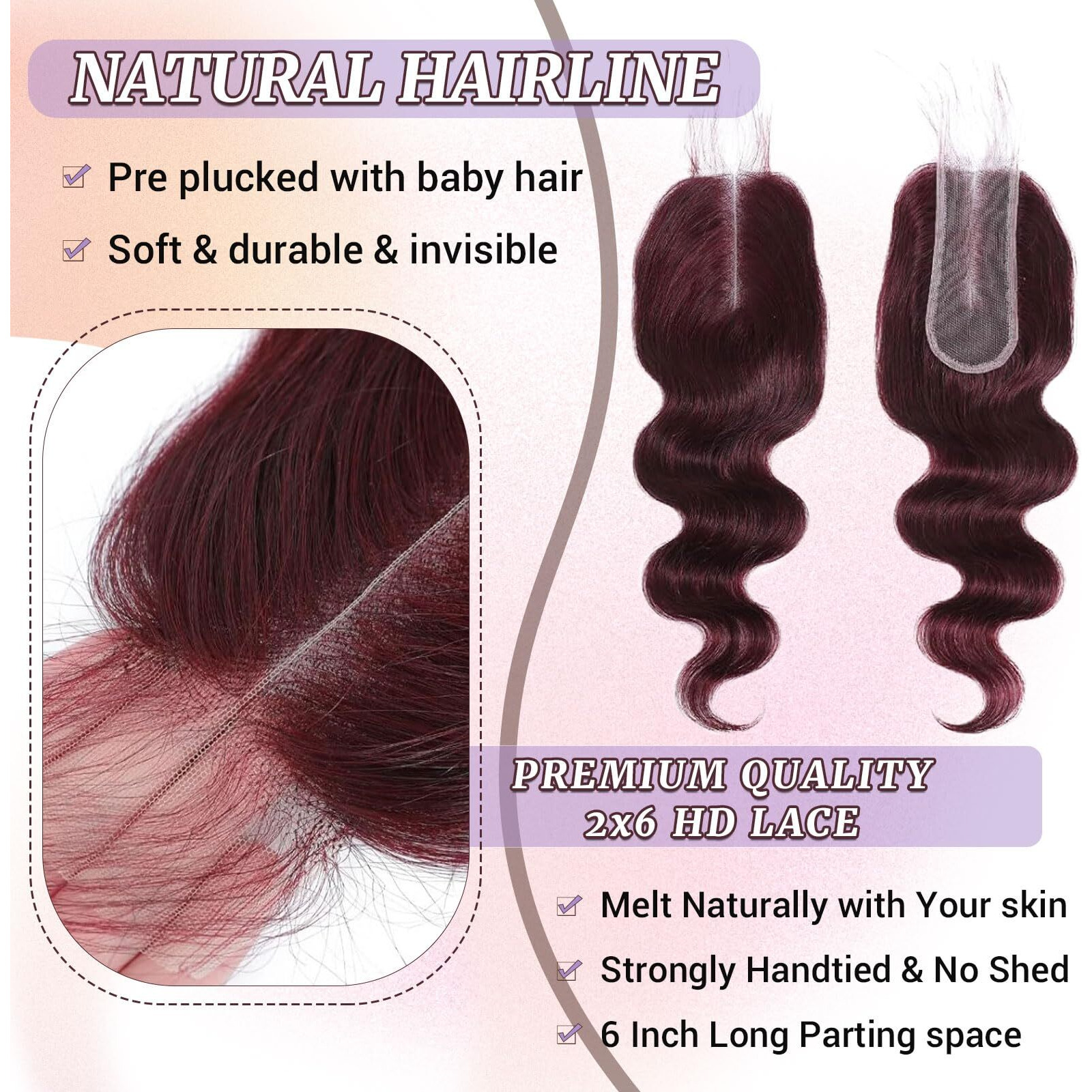 Dsekcain 2X6 Hd Lace Closure Human Hair Body Wave 99J Burgundy Dark Red Wine Color Transparent Lace Closure 2X6 Long Deep Middle Part 100% Raw Virgin Human Hair 14 Inch 150% Density