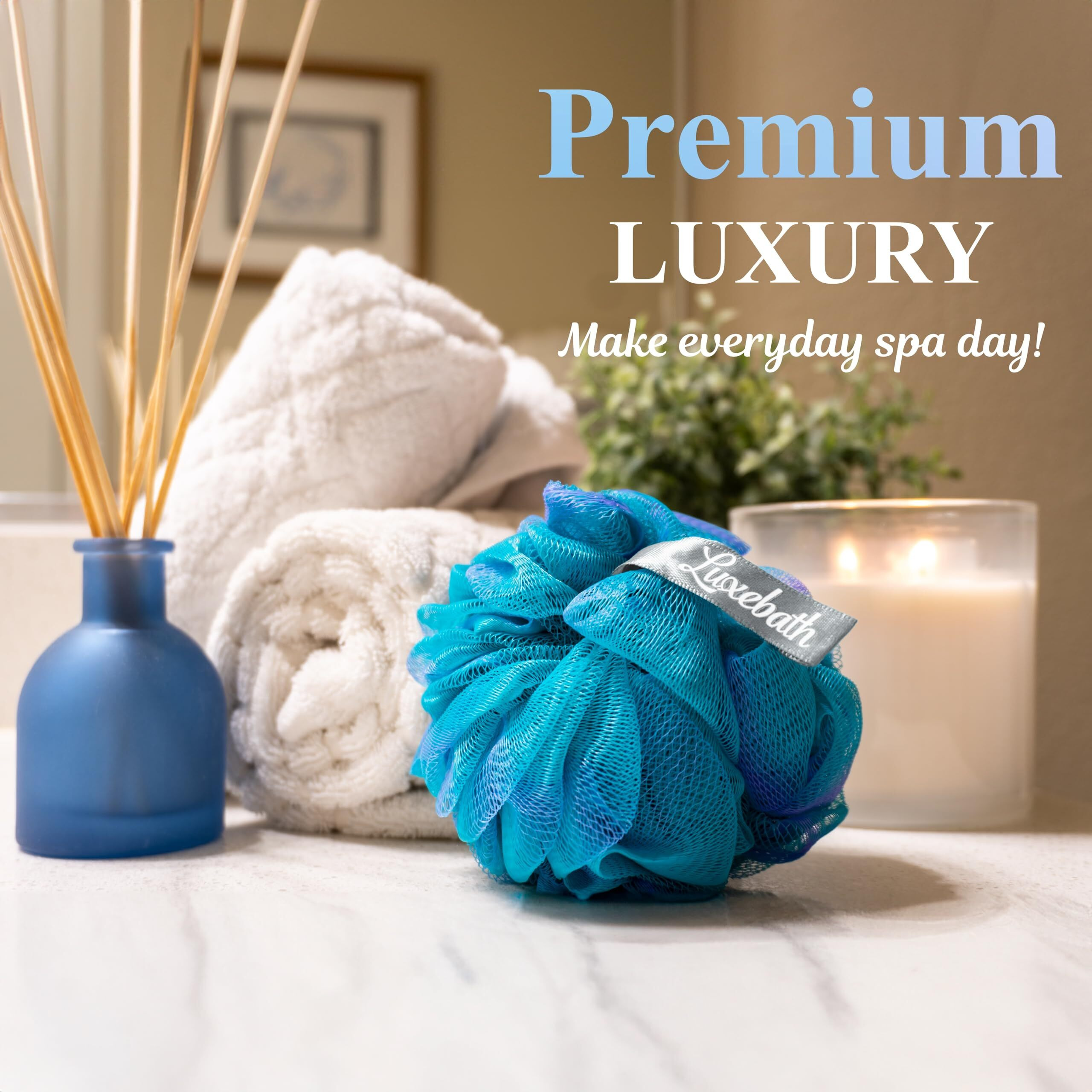 Luxebath Loofah Exfoliating Body Scrubber - 4 Pack - Soft & Gentle Spa-Grade Loofah Sponge For Women & Men - Multi Color (Teal, Turquoise, Blue) - Luxurious, Modern Style