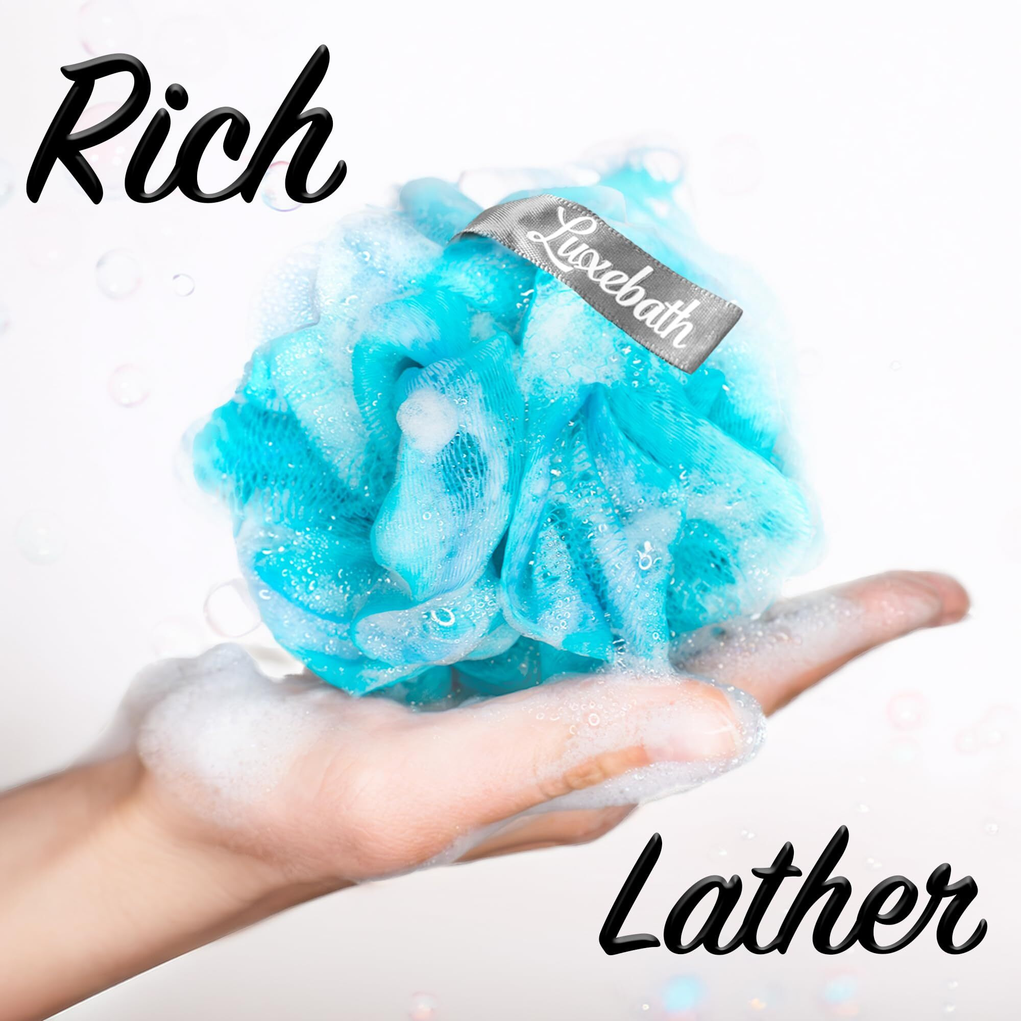 Luxebath Loofah Exfoliating Body Scrubber - 4 Pack - Soft & Gentle Spa-Grade Loofah Sponge For Women & Men - Multi Color (Teal, Turquoise, Blue) - Luxurious, Modern Style