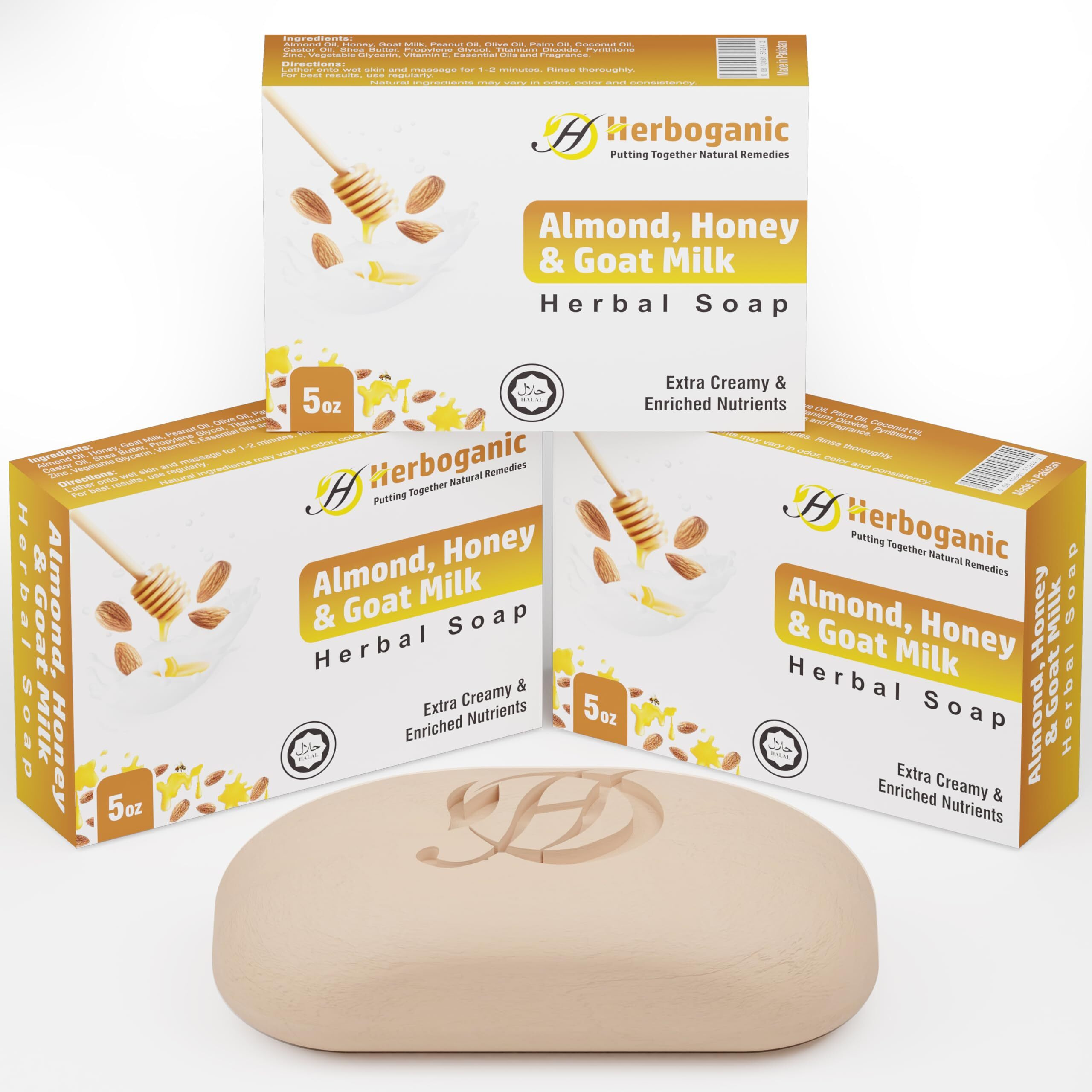 Herboganic Goat Milk Almond And Honey Herbal Soap | Pack Of 3 Of 5Oz Soap Bar | Natural Bar Soap For Face And Body | Hydrating And Nourishing | Suitable For Men And Women