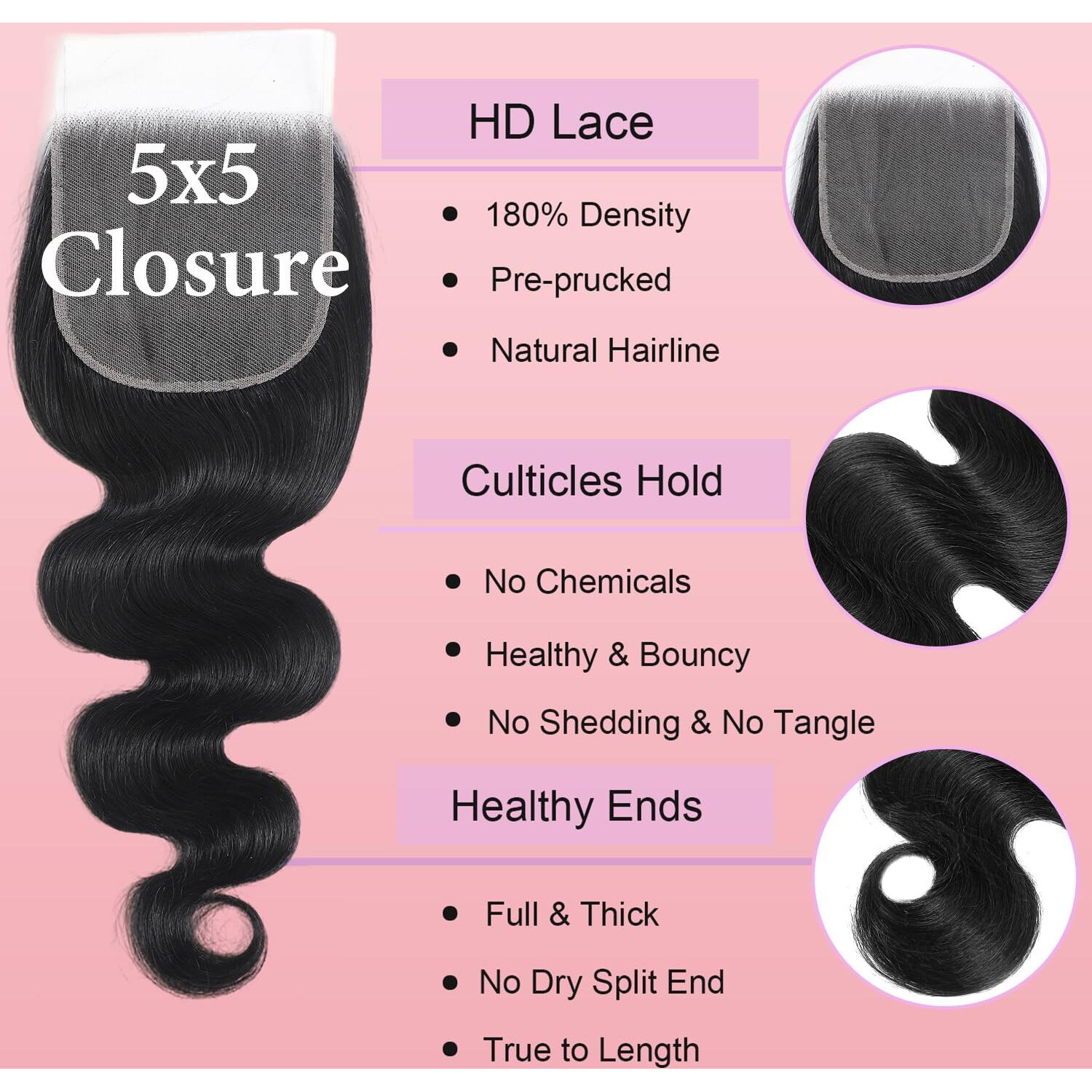 5X5 Lace Closure Hd Transparent Human Hair Body Wave Closure 12A Virgin Remy Human Hair Closure 100% Human Hair Free Part Natural Black Color 22Inch