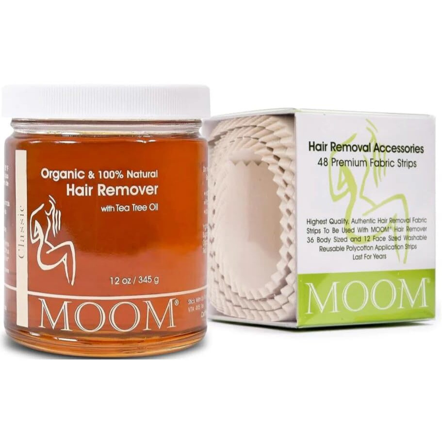 Moom Organic Sugar Wax With Tea Tree Oil (12 Oz) + 48 Reusable Polycotton Waxing Strips - Gentle Hair Removal Kit For Face, Bikini, Legs & Body - Natural & Vegan For Women & Men (Sticks Not Included)
